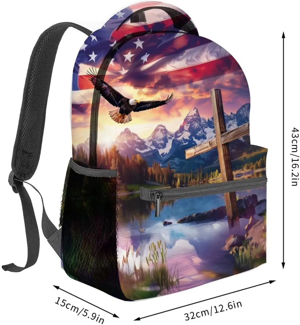 Patriotic Eagle Backpack,American Flag Polyester Backpacks,Lightweight Double Shoulder Back Pack for Adults Teens,Cross Inspirational Bookbag,School Bag Gifts,Casual Travel Daypack Book Packs