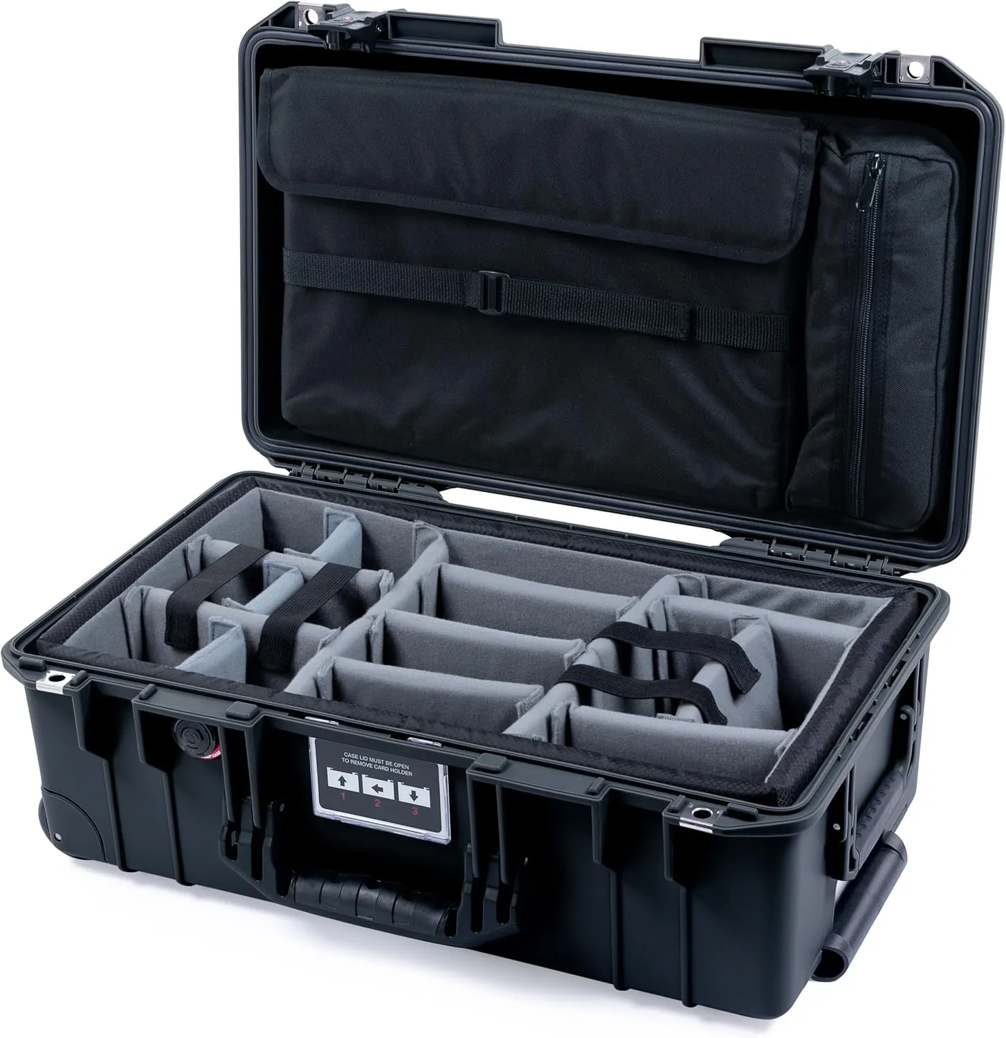 Pelican Air 1535 Carry-on Case by ColorCase - Black - Medium Size Waterproof Case with Gray Padded Microfiber Dividers & Laptop Computer Lid Pouch - Black Handles & TSA Locking Latches