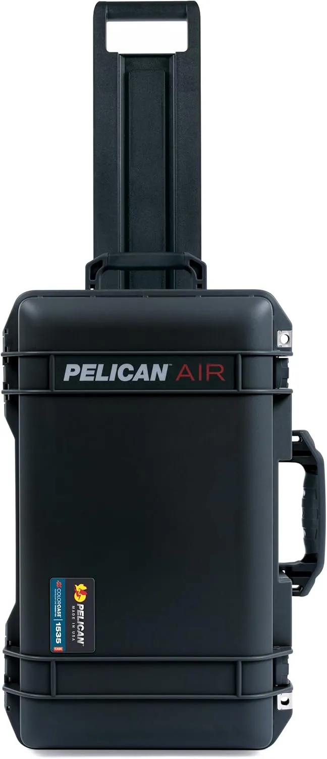 Pelican Air 1535 Carry-on Case by ColorCase - Black - Medium Size Waterproof Case with Gray Padded Microfiber Dividers & Laptop Computer Lid Pouch - Black Handles & TSA Locking Latches