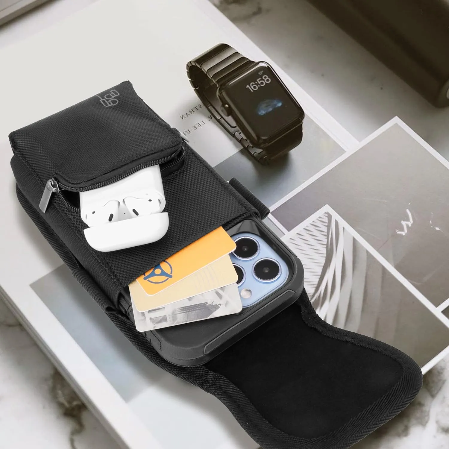 Perilogics Phone Holster with Magnetic Cover. Belt Clip Pouch for iPhone 16 Plus, 16 Pro Max and All Plus and Pro Max Models with Case Installed. Zipper Storage and Credit Card Pocket.