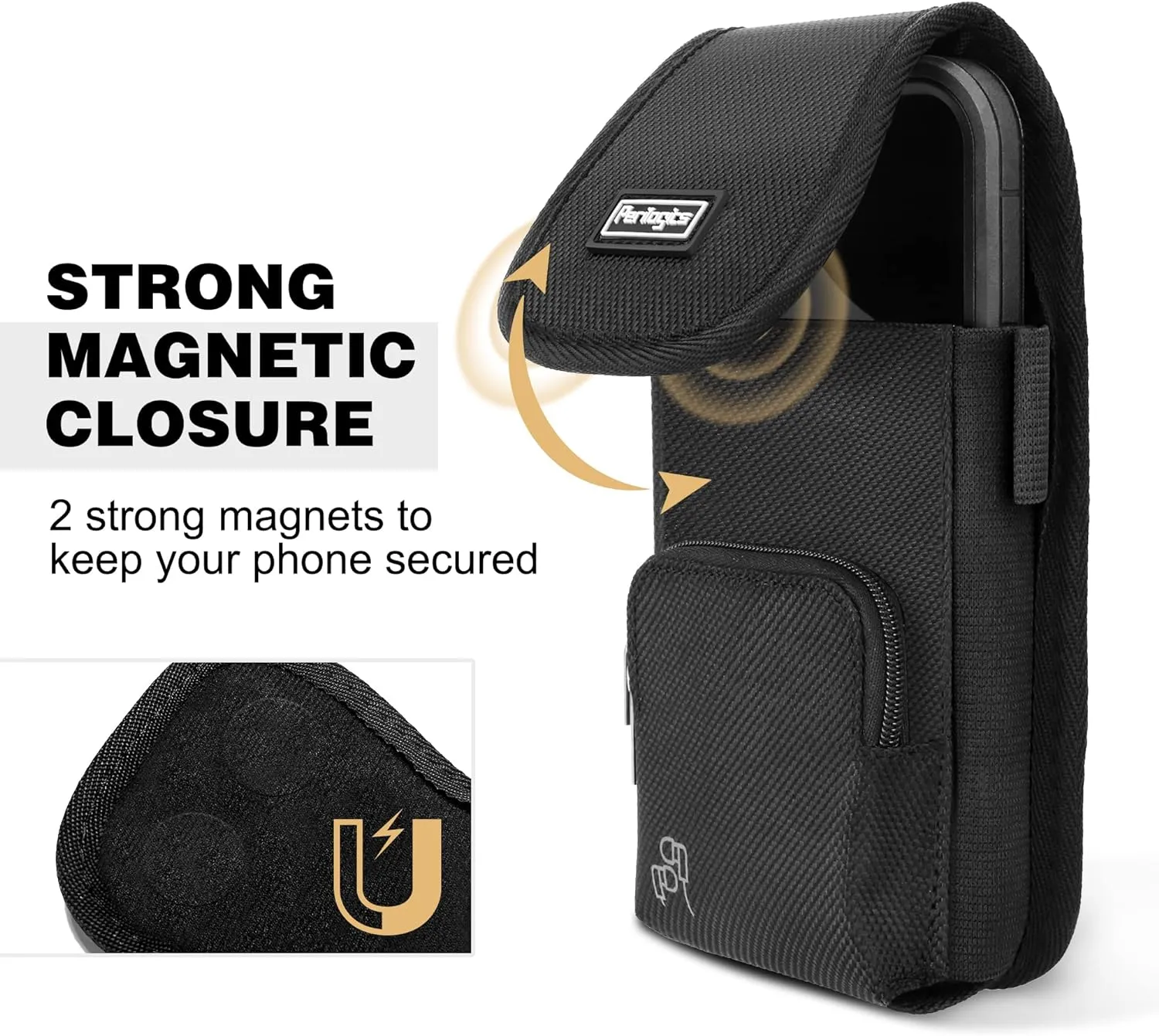 Perilogics Phone Holster with Magnetic Cover. Belt Clip Pouch for iPhone 16 Plus, 16 Pro Max and All Plus and Pro Max Models with Case Installed. Zipper Storage and Credit Card Pocket.