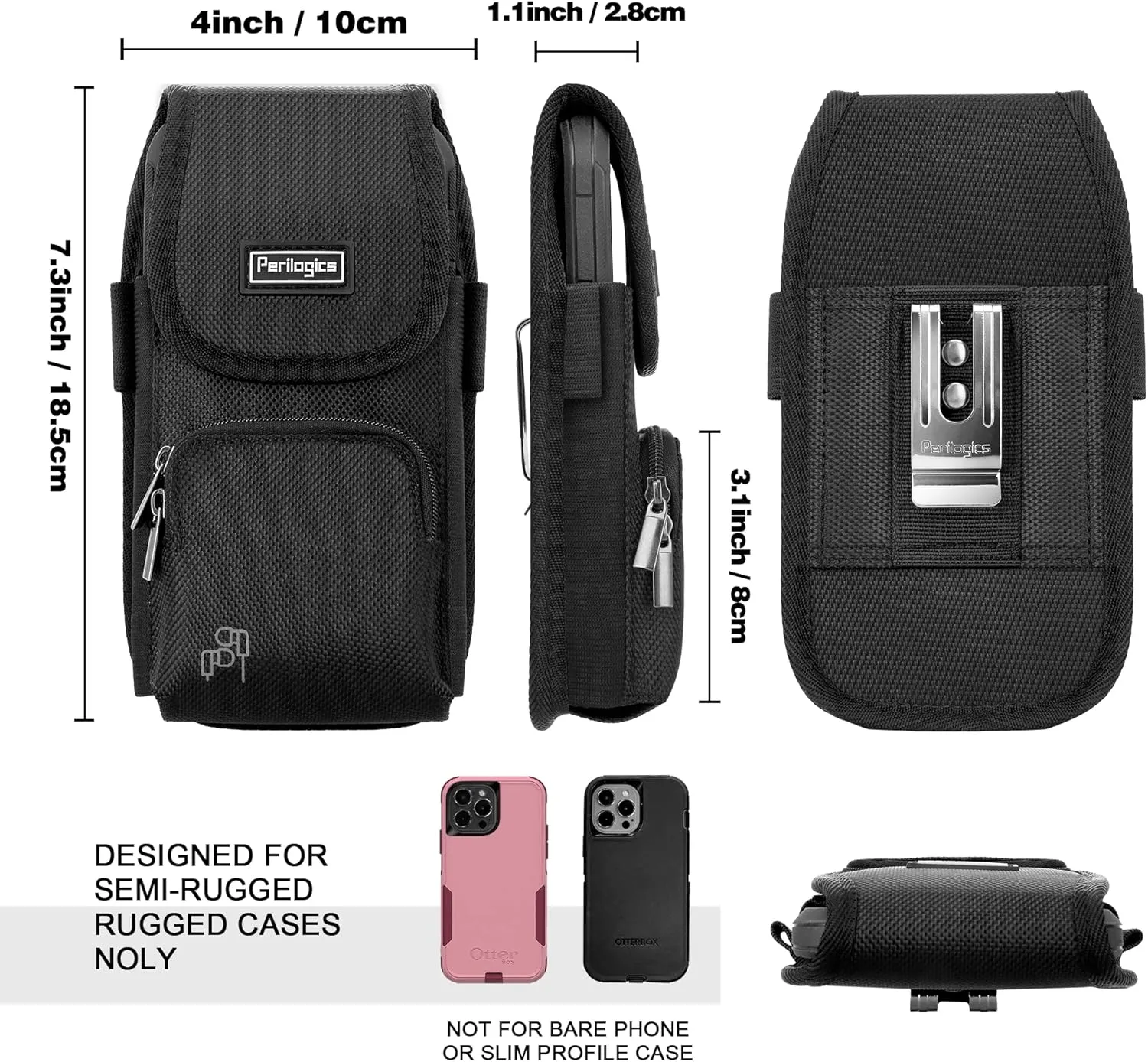 Perilogics Phone Holster with Magnetic Cover. Belt Clip Pouch for iPhone 16 Plus, 16 Pro Max and All Plus and Pro Max Models with Case Installed. Zipper Storage and Credit Card Pocket.