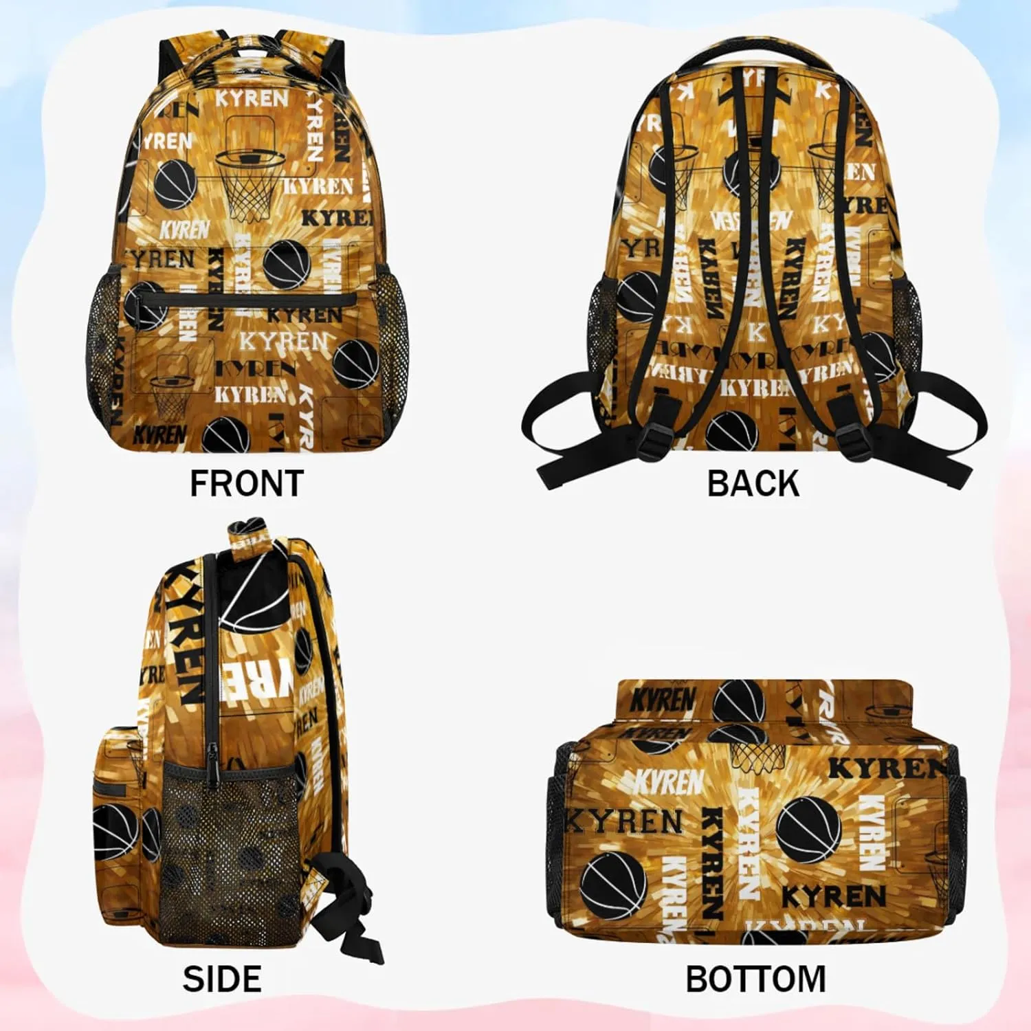 Personalized Basketball Backpack for Men Women, Custom Name Laptop Backpack, Sports Bag Lightweight Daypack for Travel Camping, Glitter Dark Yellow