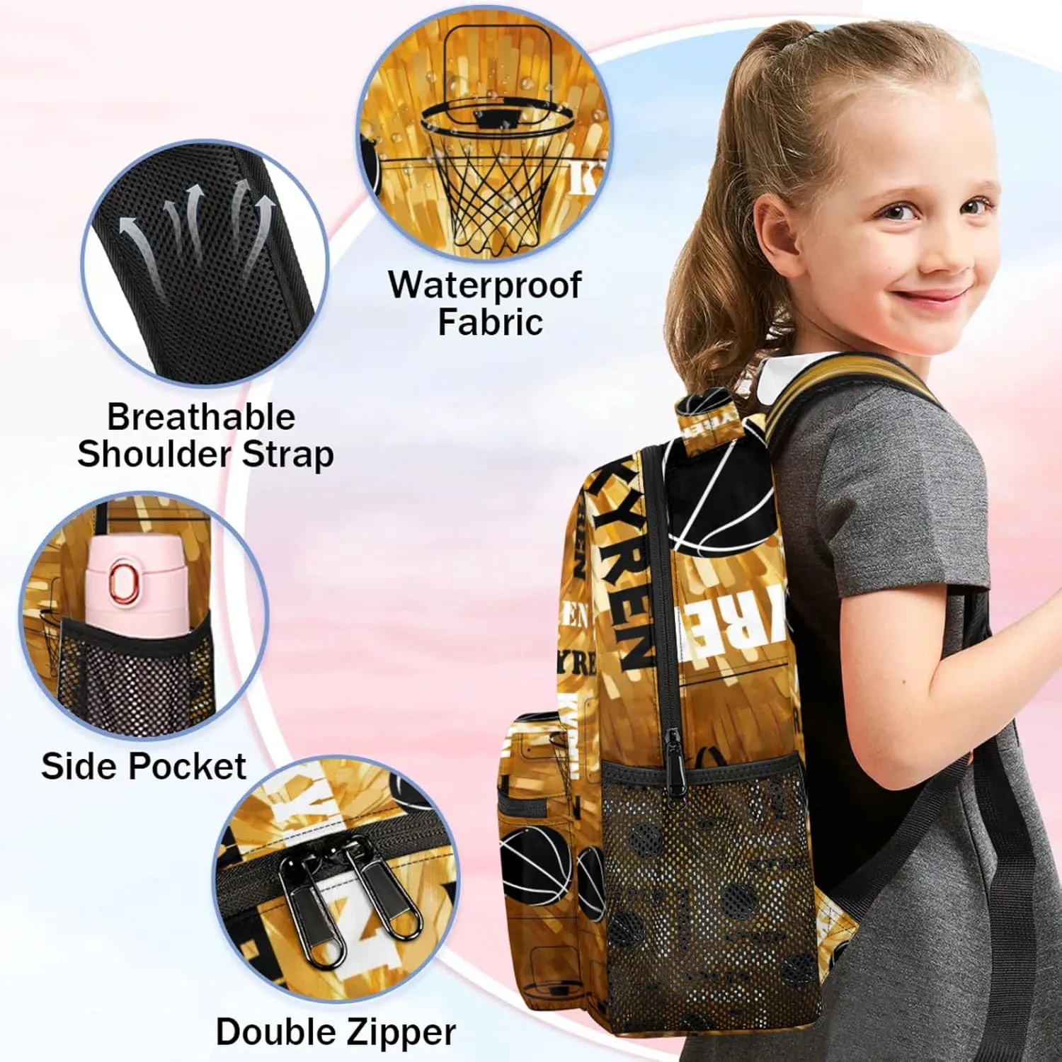 Personalized Basketball Backpack for Men Women, Custom Name Laptop Backpack, Sports Bag Lightweight Daypack for Travel Camping, Glitter Dark Yellow