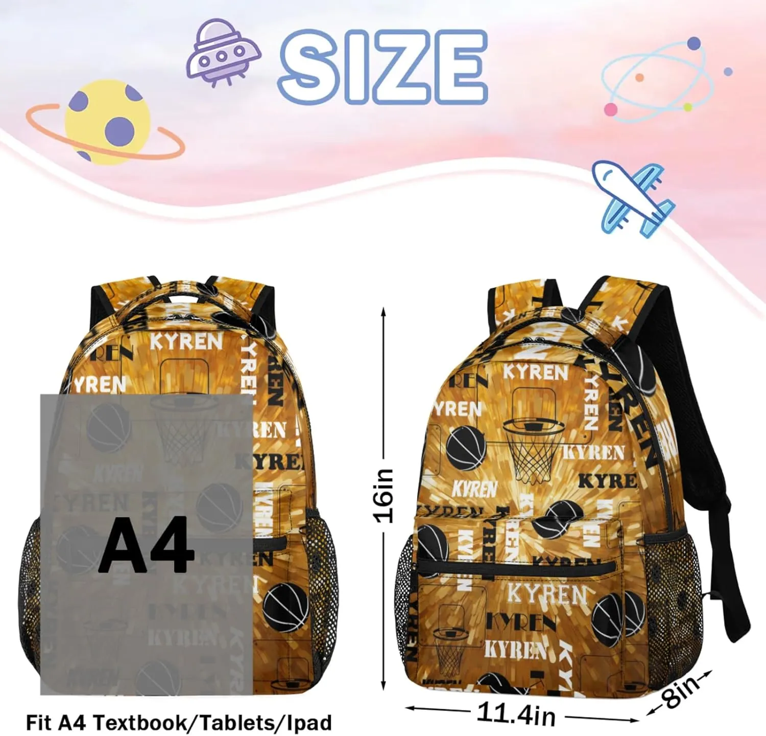 Personalized Basketball Backpack for Men Women, Custom Name Laptop Backpack, Sports Bag Lightweight Daypack for Travel Camping, Glitter Dark Yellow