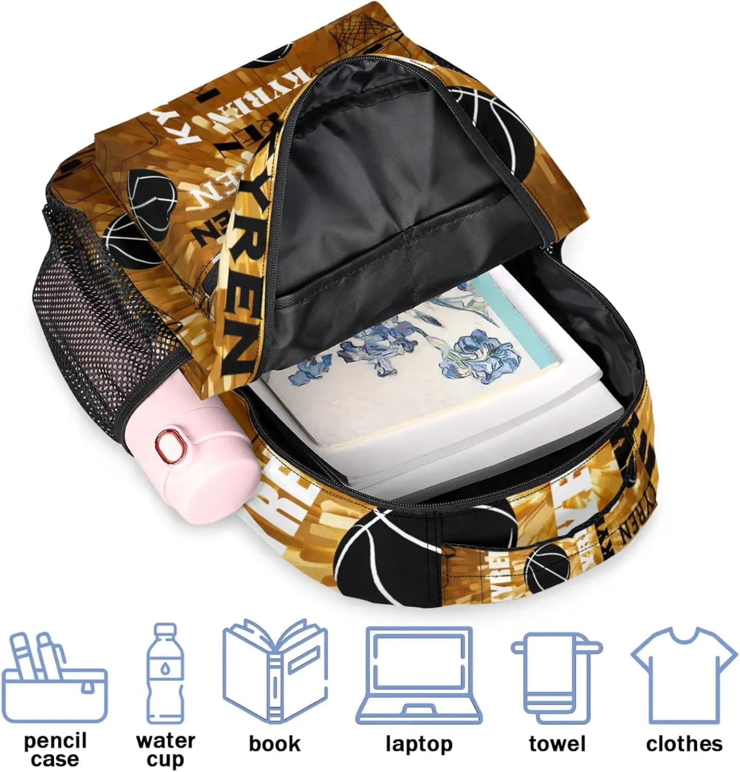 Personalized Basketball Backpack for Men Women, Custom Name Laptop Backpack, Sports Bag Lightweight Daypack for Travel Camping, Glitter Dark Yellow