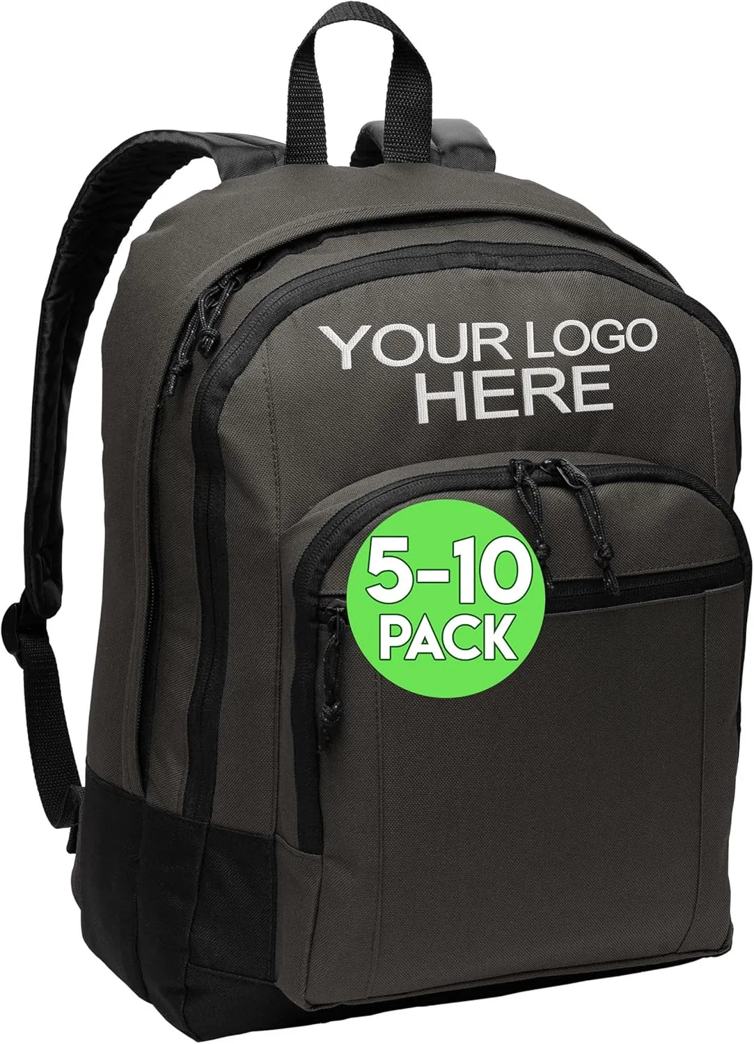Personalized Customized Basic Classic Dark Charcoal College Backpacks, 5 or 10 Pack - Add Your Embroidered Logo