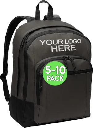 Personalized Customized Basic Classic Dark Charcoal College Backpacks, 5 or 10 Pack - Add Your Embroidered Logo