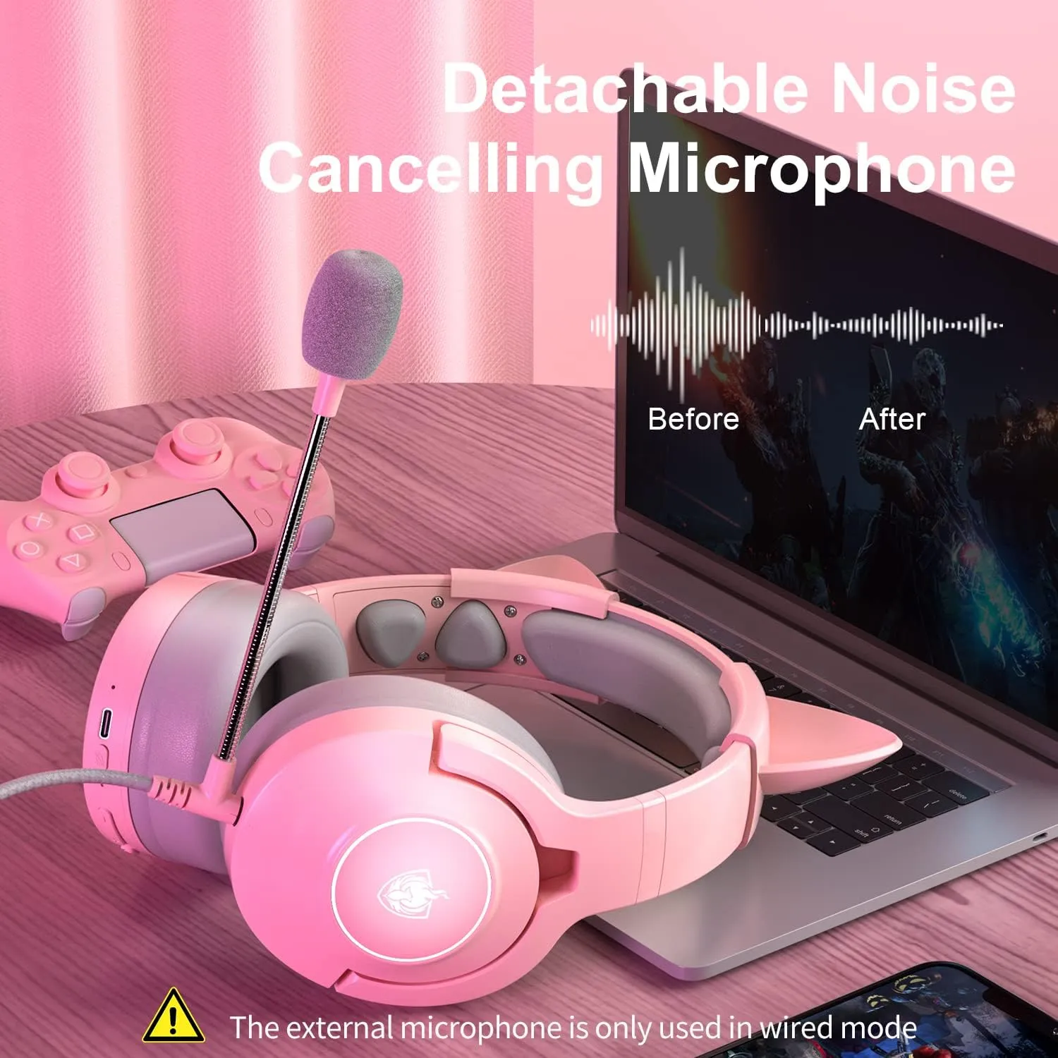 PHOINIKAS PS4 Gaming Headset for PS5, PC, Switch, Q9 Over Ear Gaming Headphones with Detachable Mic, Wireless Bluetooth 5.3 Music Headphones only for Phone/Laptop/Table (Pink)
