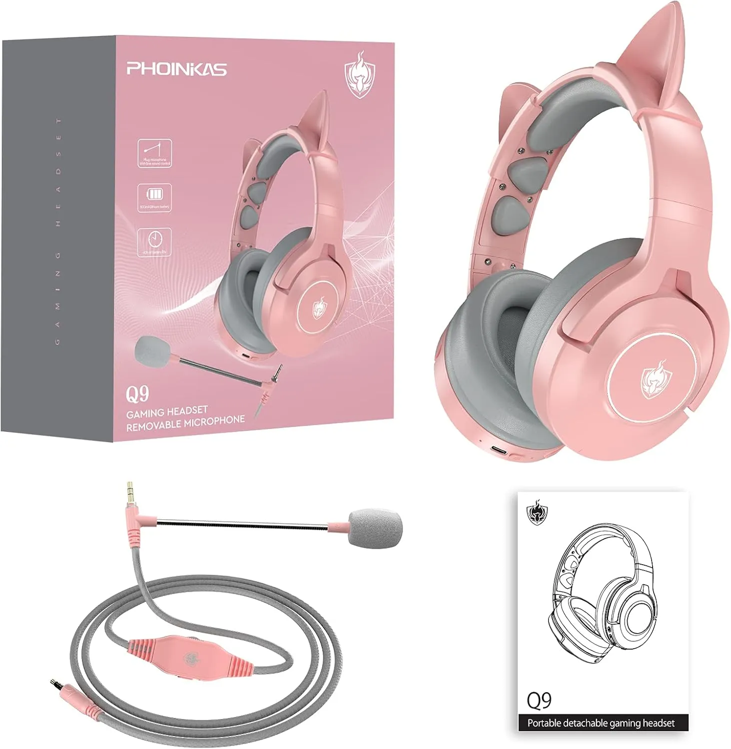 PHOINIKAS PS4 Gaming Headset for PS5, PC, Switch, Q9 Over Ear Gaming Headphones with Detachable Mic, Wireless Bluetooth 5.3 Music Headphones only for Phone/Laptop/Table (Pink)