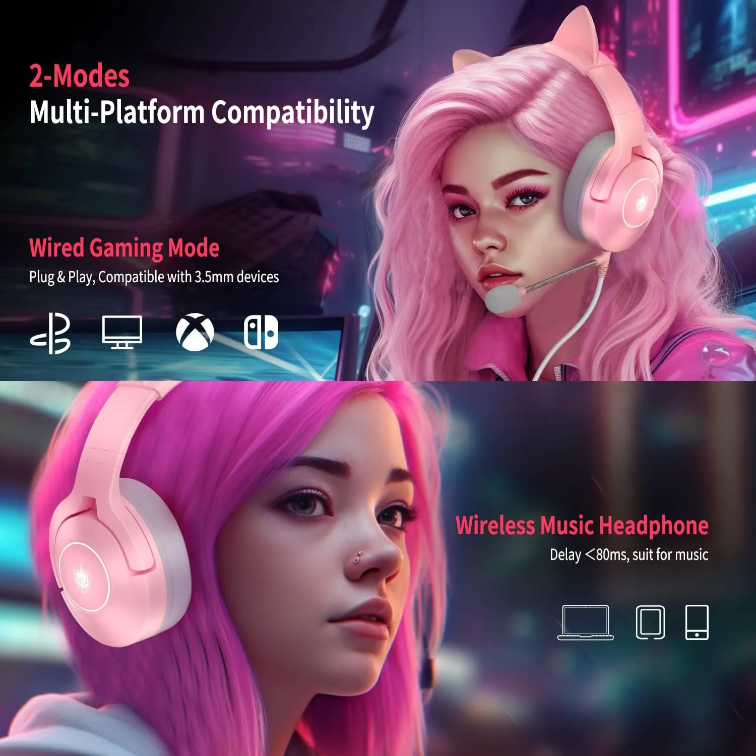 PHOINIKAS PS4 Gaming Headset for PS5, PC, Switch, Q9 Over Ear Gaming Headphones with Detachable Mic, Wireless Bluetooth 5.3 Music Headphones only for Phone/Laptop/Table (Pink)