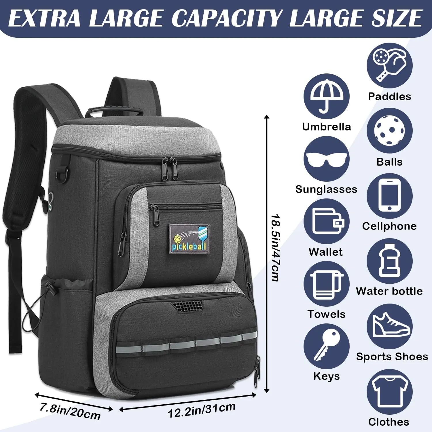 Pickleball Bag, Pickleball Backpack for Women Men - Fits 2 to 4 Paddles with Shoe Compartment & Fence Hook
