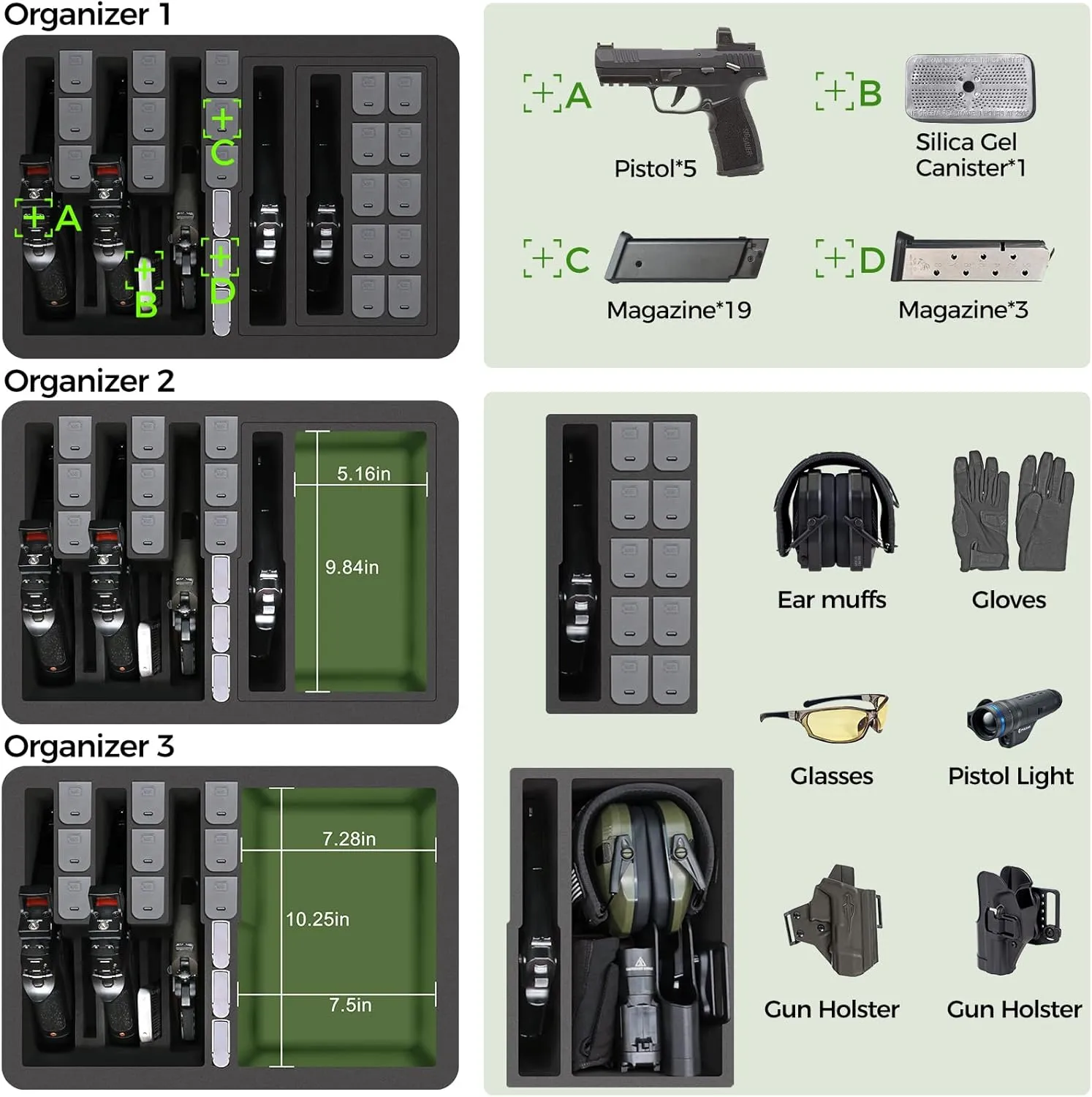 Pistol Gun Case for Multiple Handguns – TSA Approved Travel Pistol Case with 2 TSA Locks, Pre-cut Heavy Duty Waterproof & Dustproof Hard Shell Gun Case with Silica Gel Canister – Black&Green