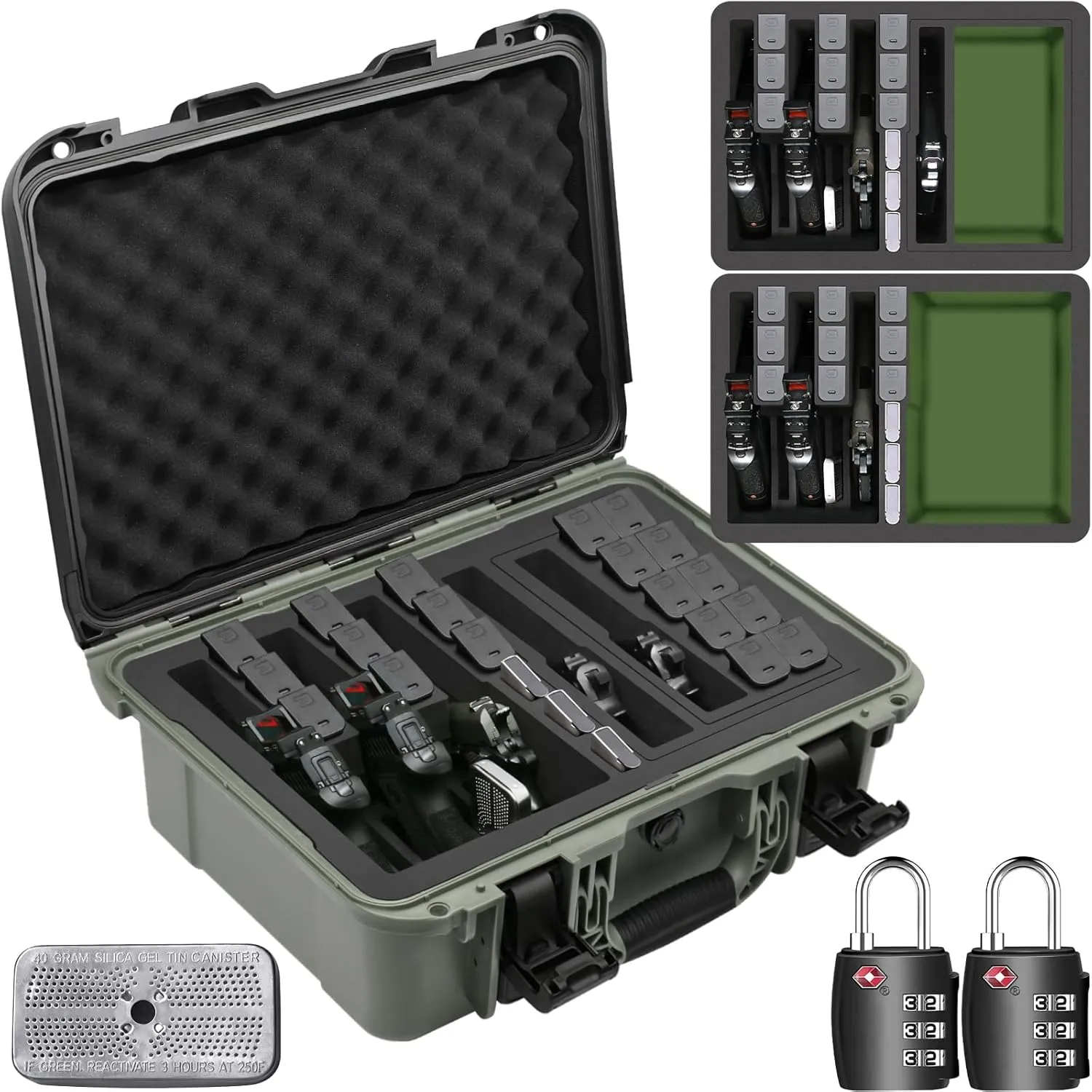 Pistol Gun Case for Multiple Handguns – TSA Approved Travel Pistol Case with 2 TSA Locks, Pre-cut Heavy Duty Waterproof & Dustproof Hard Shell Gun Case with Silica Gel Canister – Black&Green