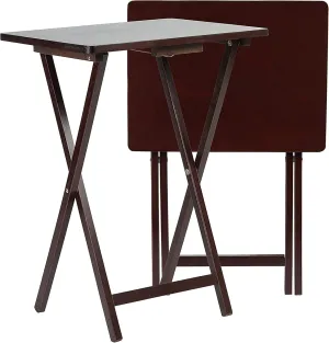 PJ Wood 2-Pack TV Tray Folding Wooden Dinner Table Set with Compact Storage Rack, Espresso - Portable and Adjustable Home Furniture for Living Room, Bedroom, and Kitchen