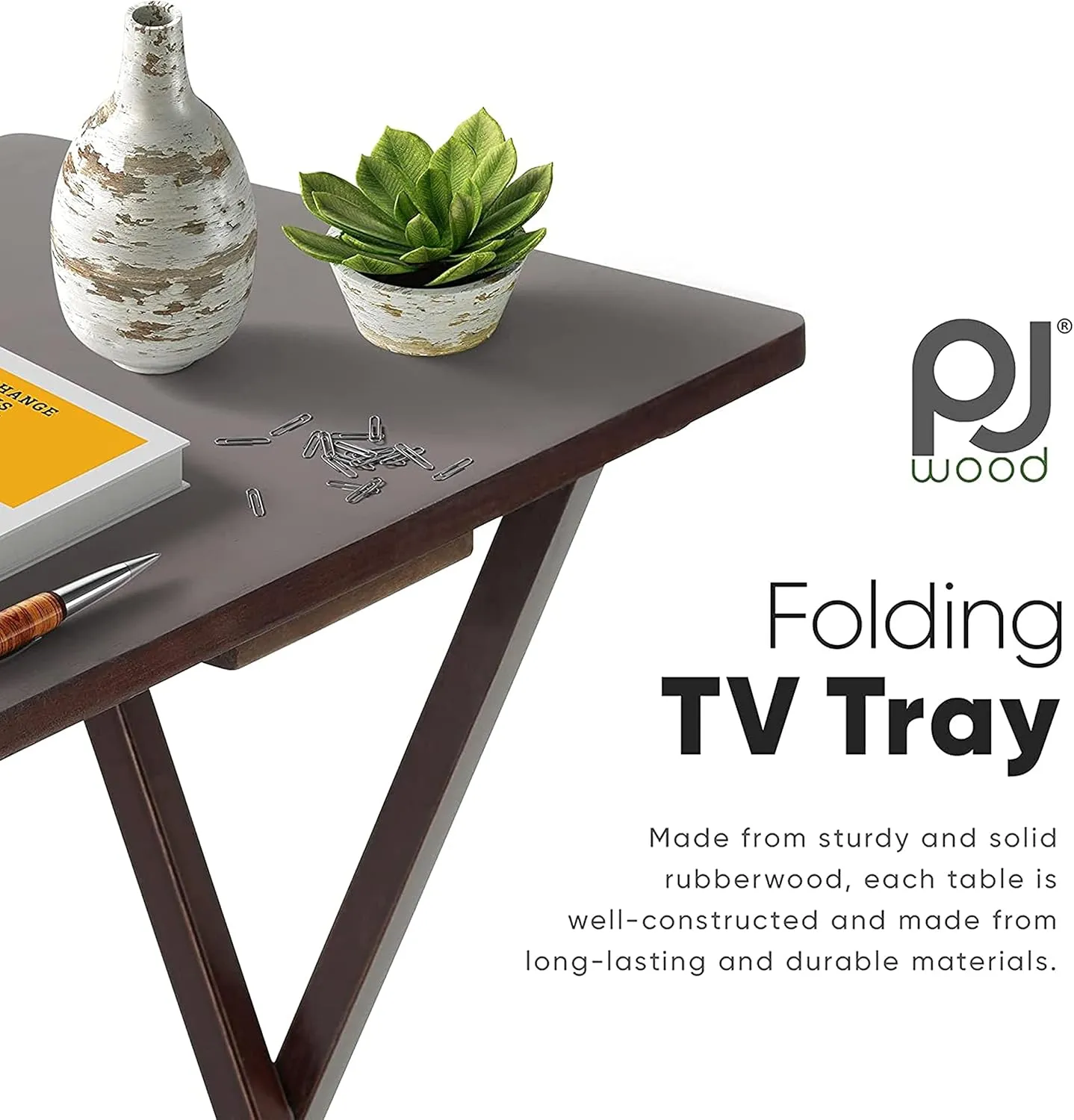 PJ Wood 2-Pack TV Tray Folding Wooden Dinner Table Set with Compact Storage Rack, Espresso - Portable and Adjustable Home Furniture for Living Room, Bedroom, and Kitchen