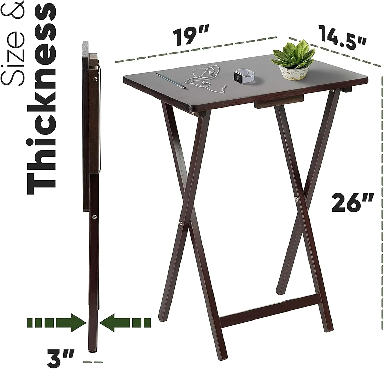PJ Wood 2-Pack TV Tray Folding Wooden Dinner Table Set with Compact Storage Rack, Espresso - Portable and Adjustable Home Furniture for Living Room, Bedroom, and Kitchen