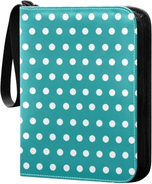 Polka Dots Aqua White Card Binder 4 Pocket Trading Card Album Fits 400 Sports/Game Cards, PU Cover 3 Ring Card Collection with 50 Removable Sleeves
