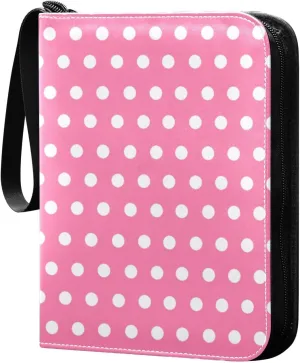 Polka Dots Pink White Card Binder 4 Pocket Trading Card Album Fits 400 Sports/Game Cards, PU Cover 3 Ring Card Collection with 50 Removable Sleeves