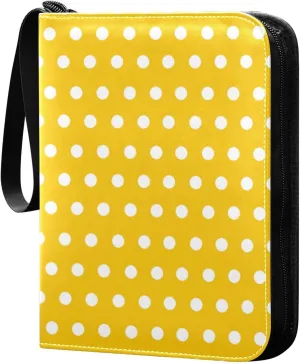 Polka Dots White Yellow Card Binder 4 Pocket Trading Card Album Fits 400 Sports/Game Cards, PU Cover 3 Ring Card Collection with 50 Removable Sleeves