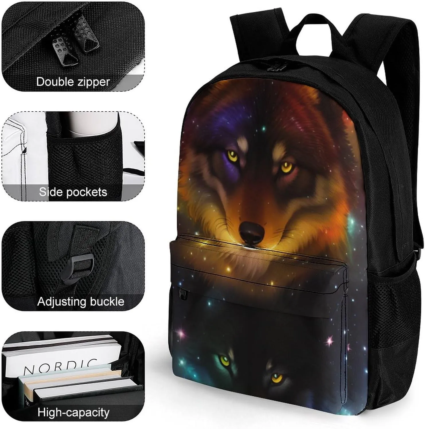 Polyester Daypack Backpack for Climbing Outdoors Running - Big Capacity Multipurpose Anti-Theft Bookbag, Galaxy Psychedelic Wolf Night Sky Space Art Travel Hiking & Camping Rucksack