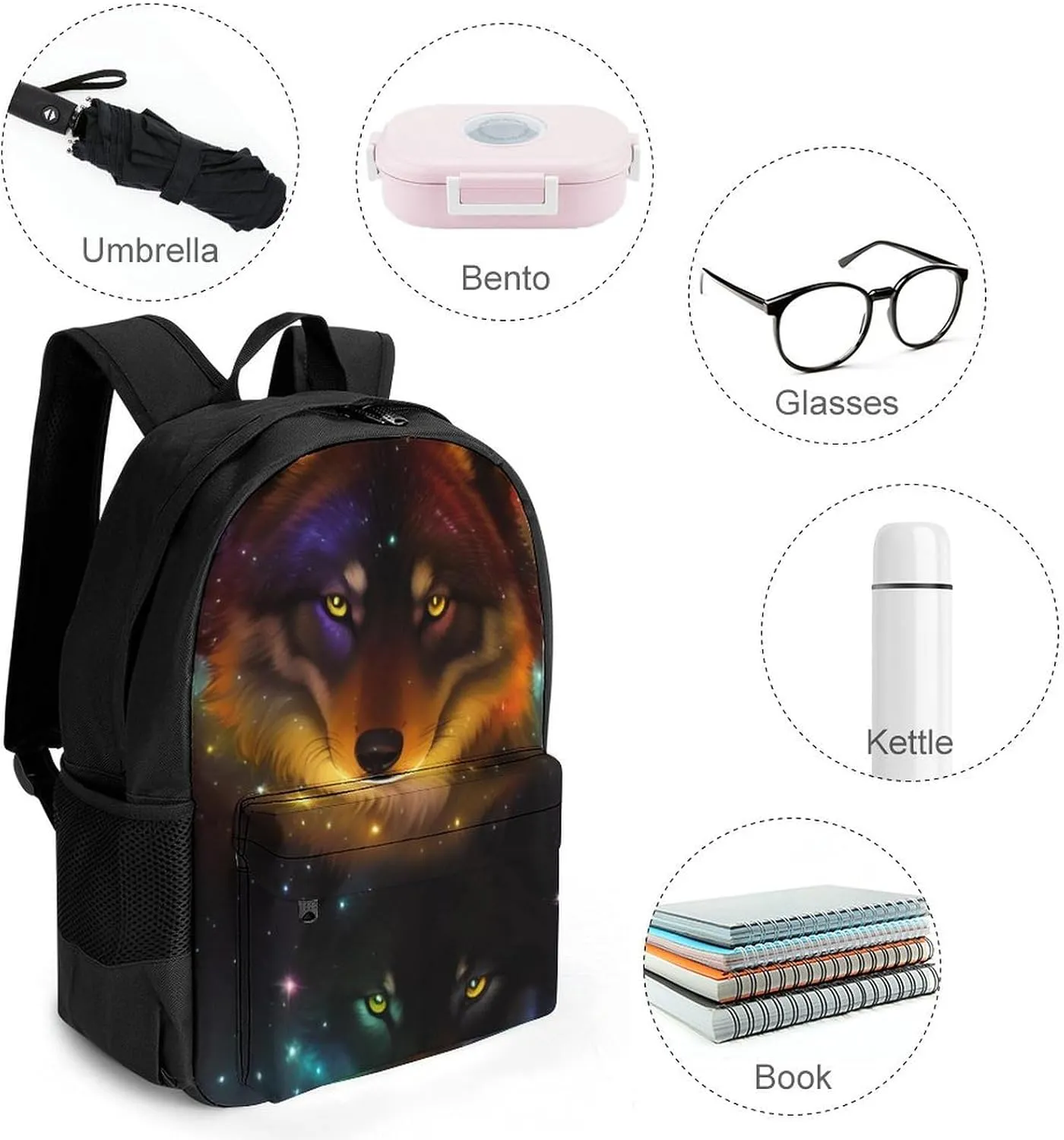 Polyester Daypack Backpack for Climbing Outdoors Running - Big Capacity Multipurpose Anti-Theft Bookbag, Galaxy Psychedelic Wolf Night Sky Space Art Travel Hiking & Camping Rucksack