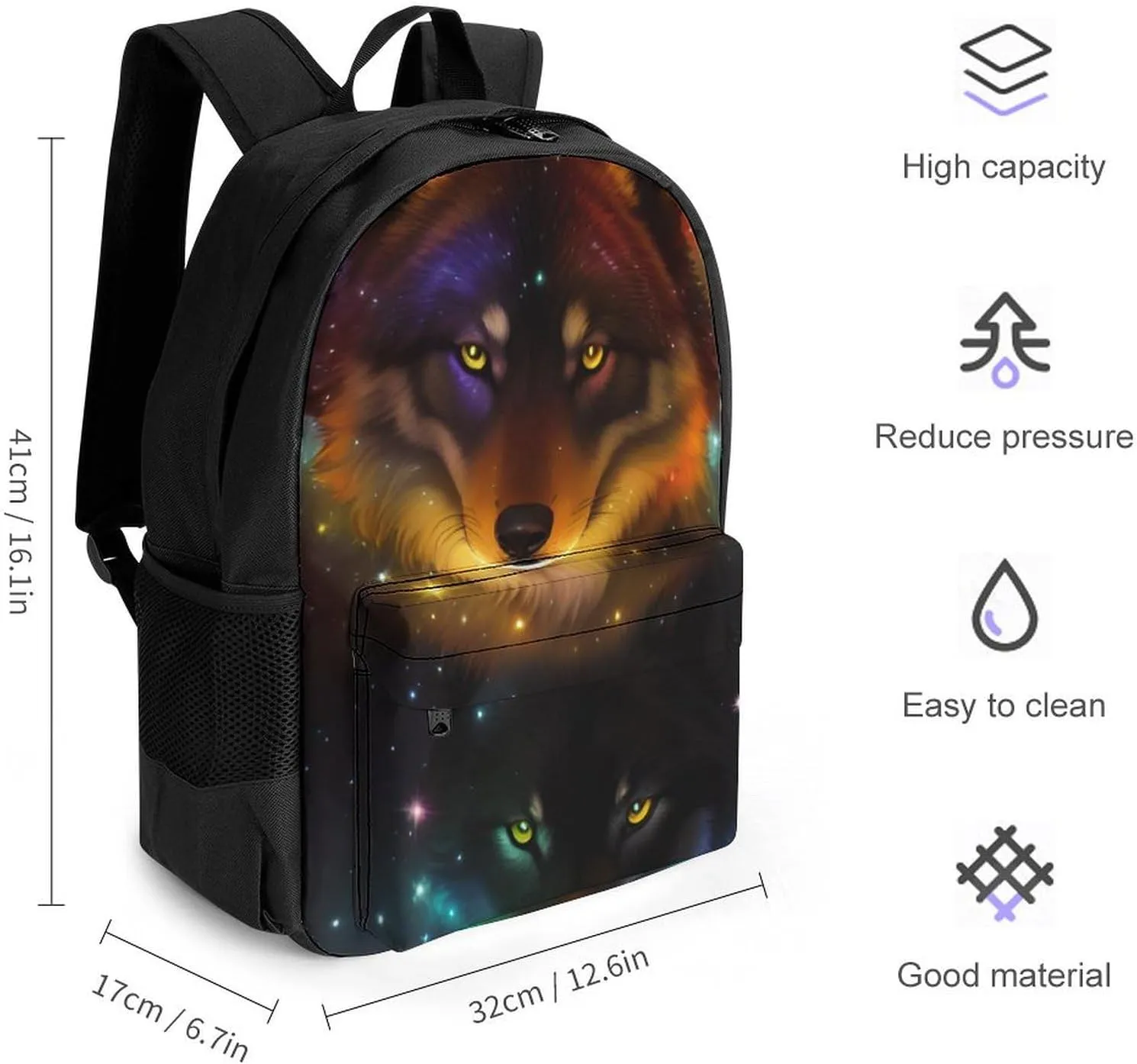 Polyester Daypack Backpack for Climbing Outdoors Running - Big Capacity Multipurpose Anti-Theft Bookbag, Galaxy Psychedelic Wolf Night Sky Space Art Travel Hiking & Camping Rucksack