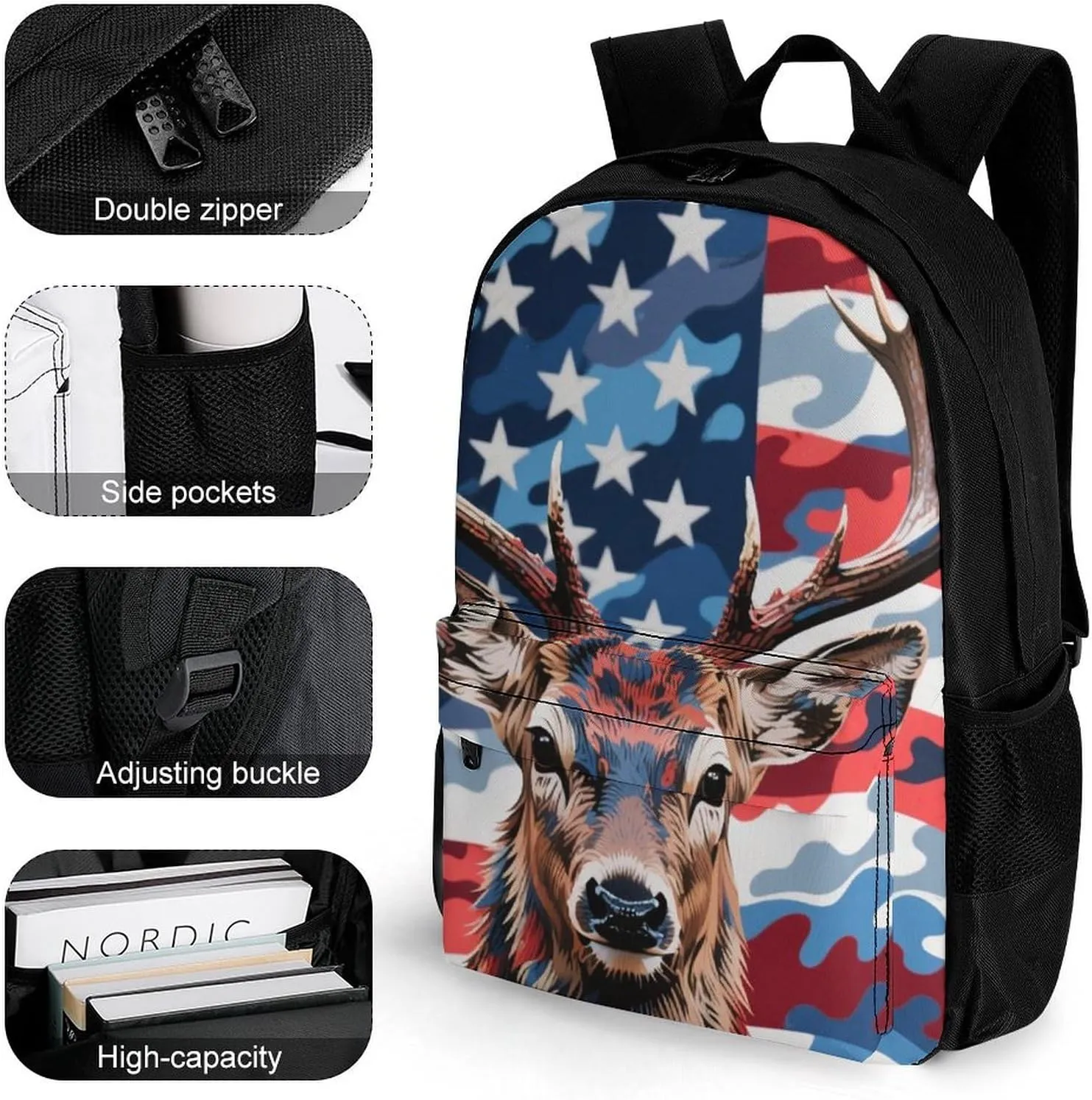 Polyester Daypack Backpack for Trekking Picnic Walking Cycling - Large Capacity Anti-Theft Multipurpose Shoulder Bag, American Flag Camo Deer Camouflage Art Casual Daypack