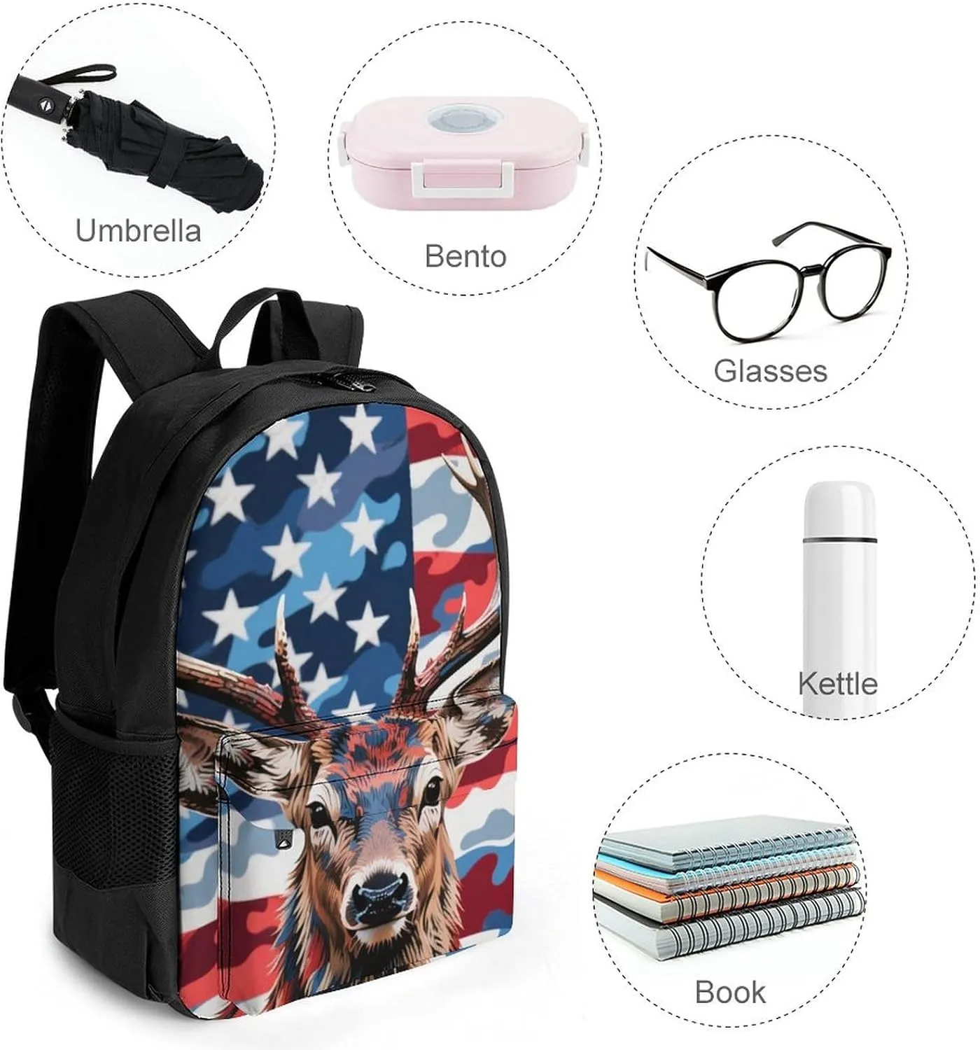 Polyester Daypack Backpack for Trekking Picnic Walking Cycling - Large Capacity Anti-Theft Multipurpose Shoulder Bag, American Flag Camo Deer Camouflage Art Casual Daypack
