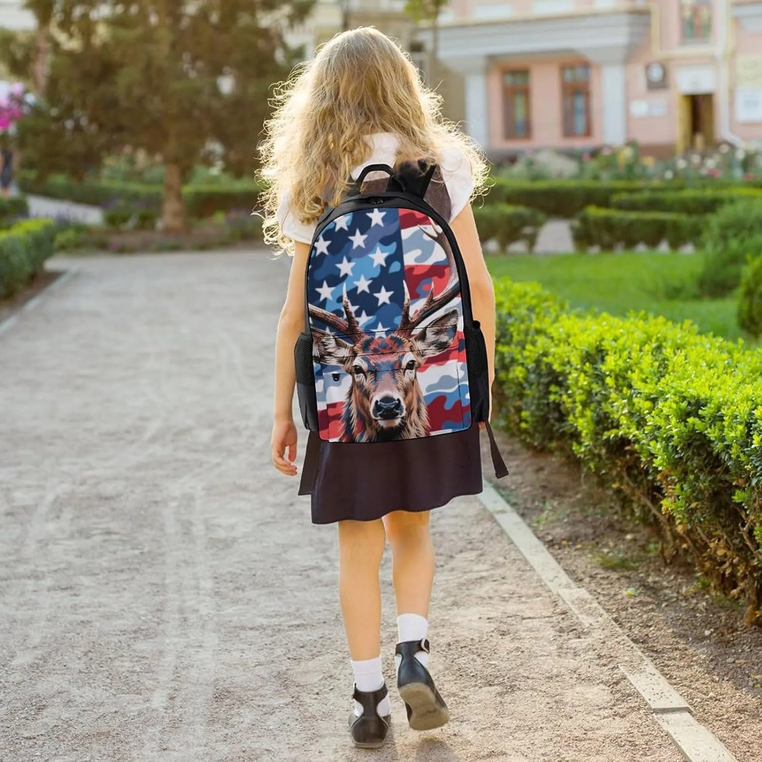 Polyester Daypack Backpack for Trekking Picnic Walking Cycling - Large Capacity Anti-Theft Multipurpose Shoulder Bag, American Flag Camo Deer Camouflage Art Casual Daypack