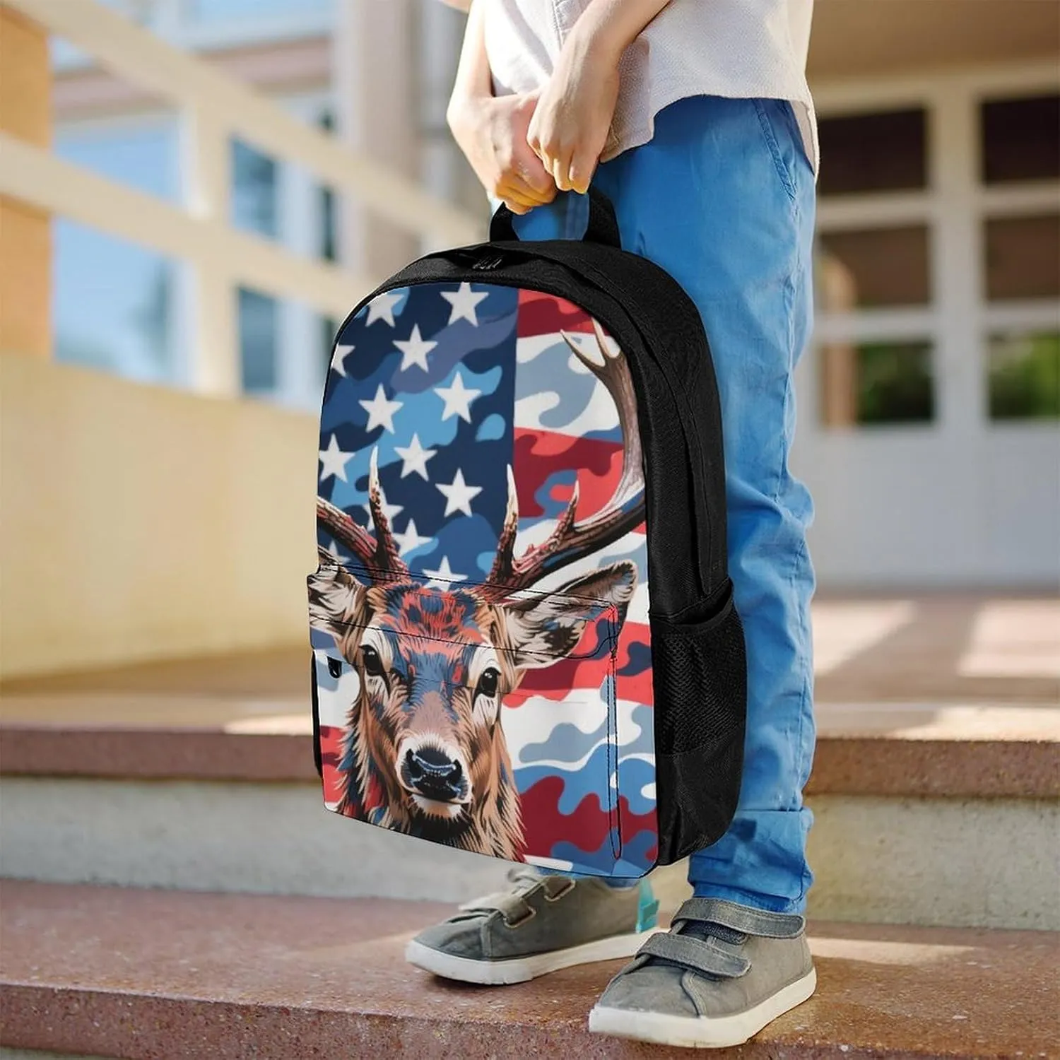 Polyester Daypack Backpack for Trekking Picnic Walking Cycling - Large Capacity Anti-Theft Multipurpose Shoulder Bag, American Flag Camo Deer Camouflage Art Casual Daypack