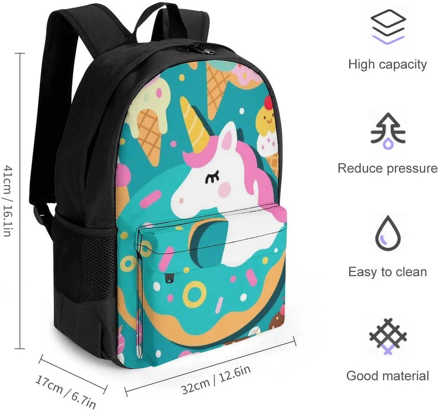 Polyester Daypack Backpack for Trekking Picnic Walking Cycling - Large Capacity Anti-Theft Multipurpose Shoulder Bag, Cute Unicorn Donuts Art Casual Daypack