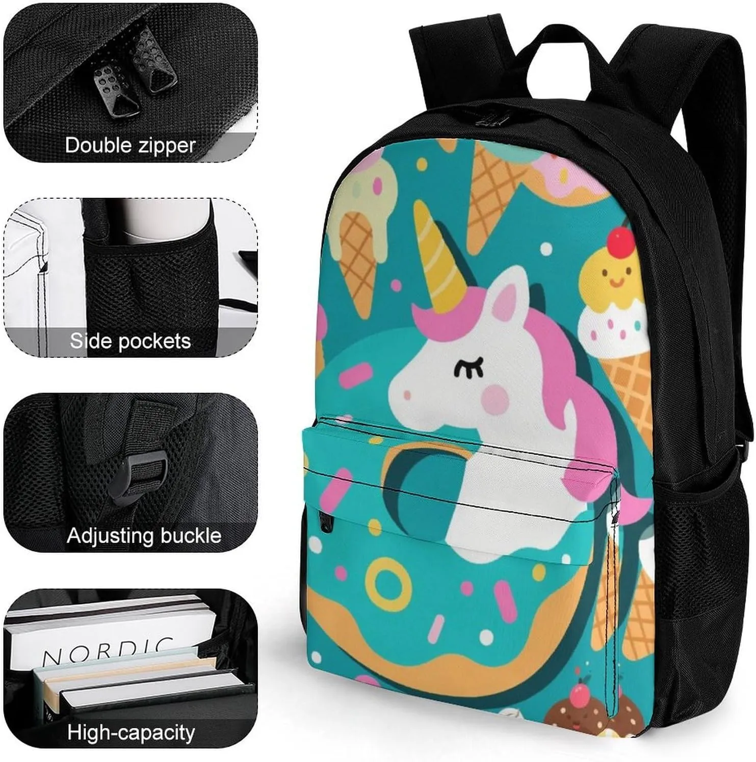 Polyester Daypack Backpack for Trekking Picnic Walking Cycling - Large Capacity Anti-Theft Multipurpose Shoulder Bag, Cute Unicorn Donuts Art Casual Daypack