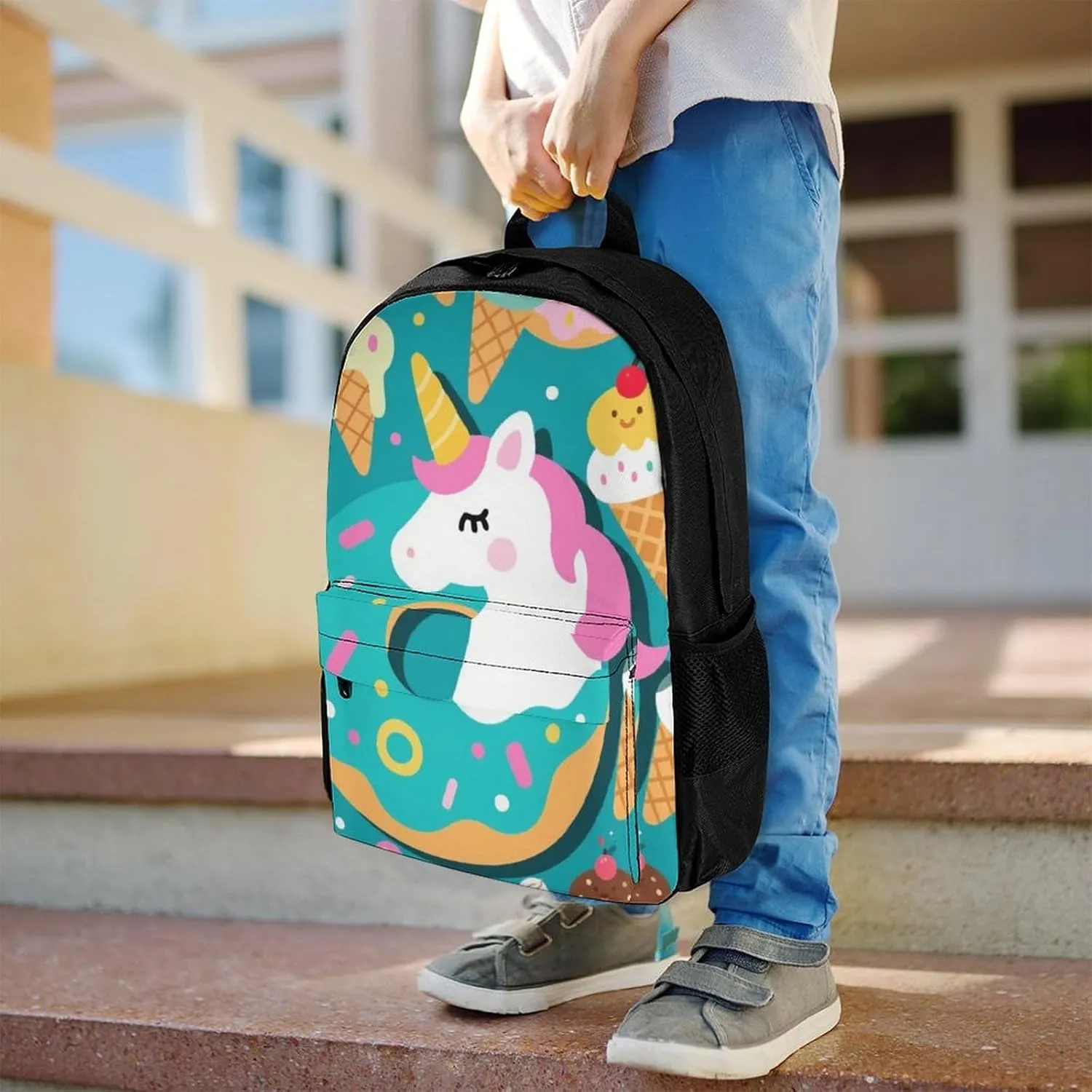 Polyester Daypack Backpack for Trekking Picnic Walking Cycling - Large Capacity Anti-Theft Multipurpose Shoulder Bag, Cute Unicorn Donuts Art Casual Daypack