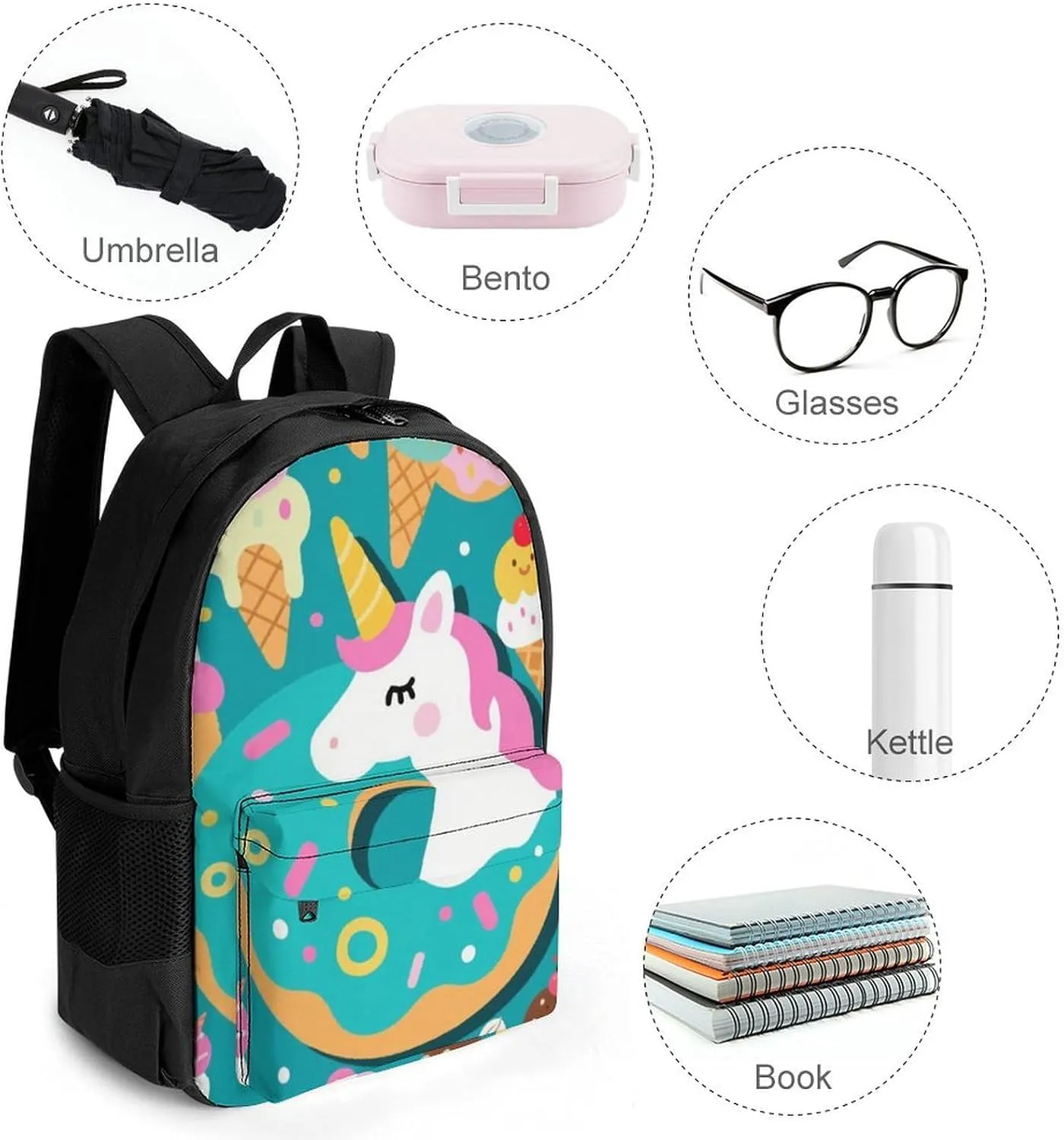 Polyester Daypack Backpack for Trekking Picnic Walking Cycling - Large Capacity Anti-Theft Multipurpose Shoulder Bag, Cute Unicorn Donuts Art Casual Daypack