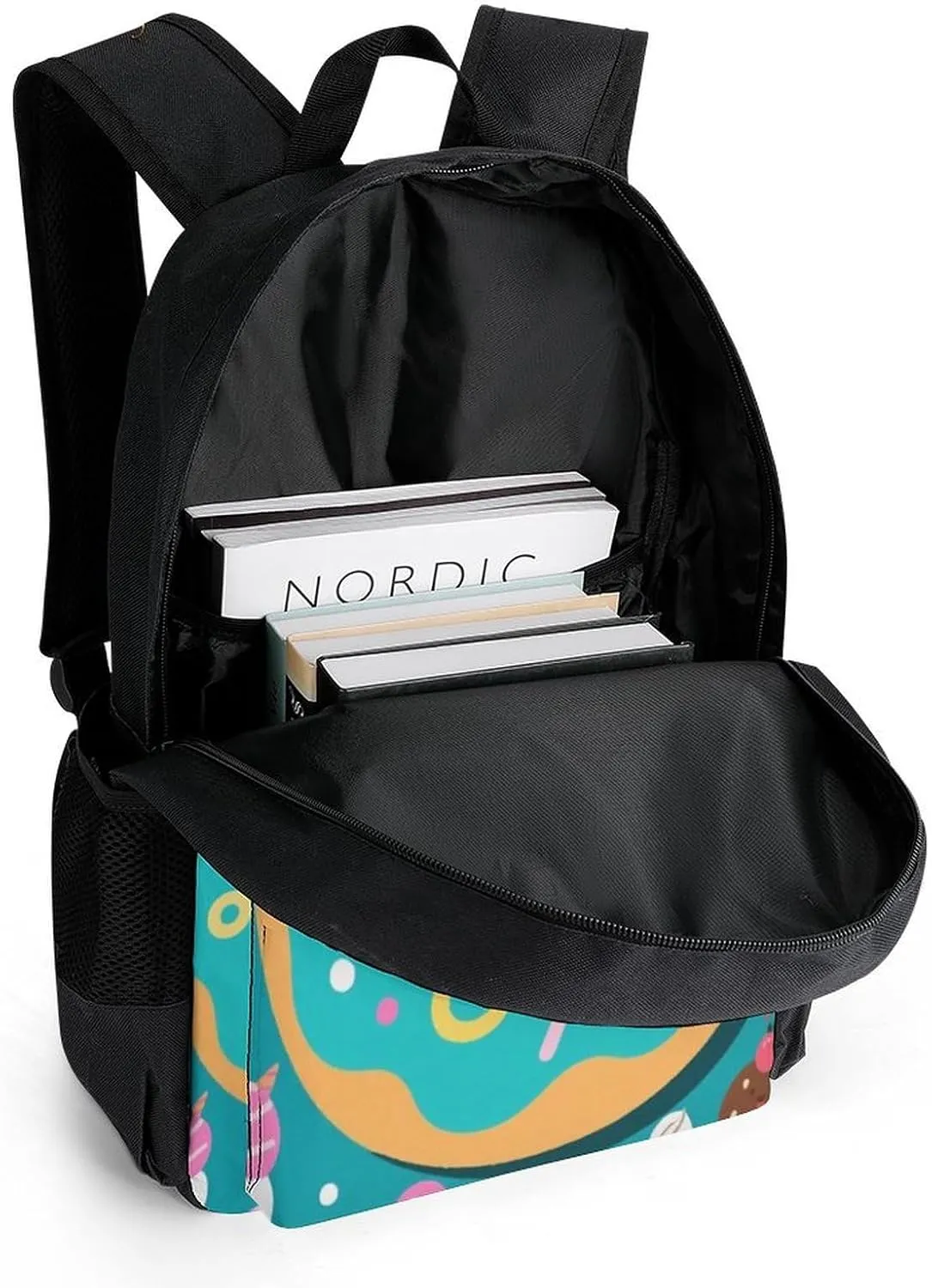 Polyester Daypack Backpack for Trekking Picnic Walking Cycling - Large Capacity Anti-Theft Multipurpose Shoulder Bag, Cute Unicorn Donuts Art Casual Daypack