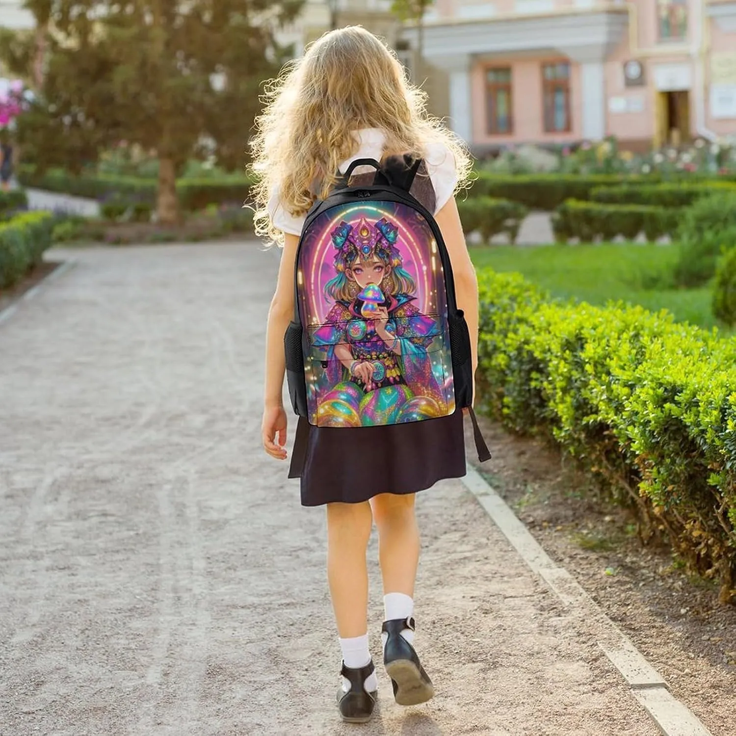 Polyester Daypack Backpack for Trekking Picnic Walking Cycling - Large Capacity Anti-Theft Multipurpose Shoulder Bag, Fantasy Gothic Woman Mushroom Dazzling Art Casual Daypack