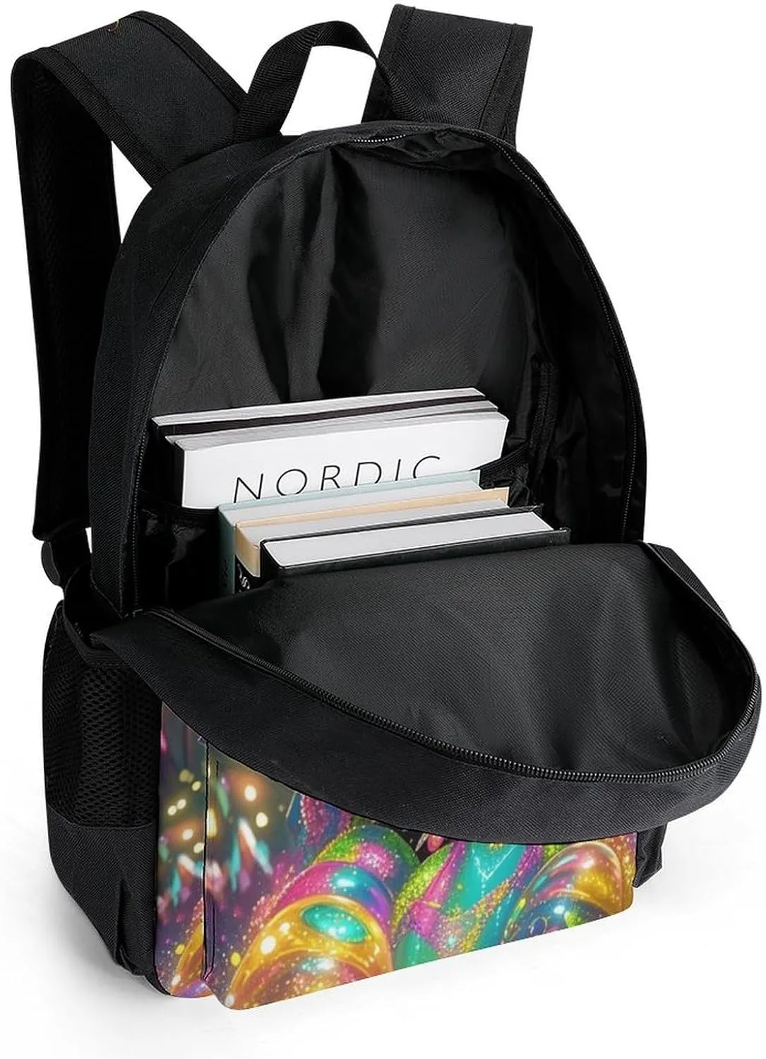 Polyester Daypack Backpack for Trekking Picnic Walking Cycling - Large Capacity Anti-Theft Multipurpose Shoulder Bag, Fantasy Gothic Woman Mushroom Dazzling Art Casual Daypack