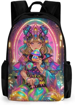 Polyester Daypack Backpack for Trekking Picnic Walking Cycling - Large Capacity Anti-Theft Multipurpose Shoulder Bag, Fantasy Gothic Woman Mushroom Dazzling Art Casual Daypack