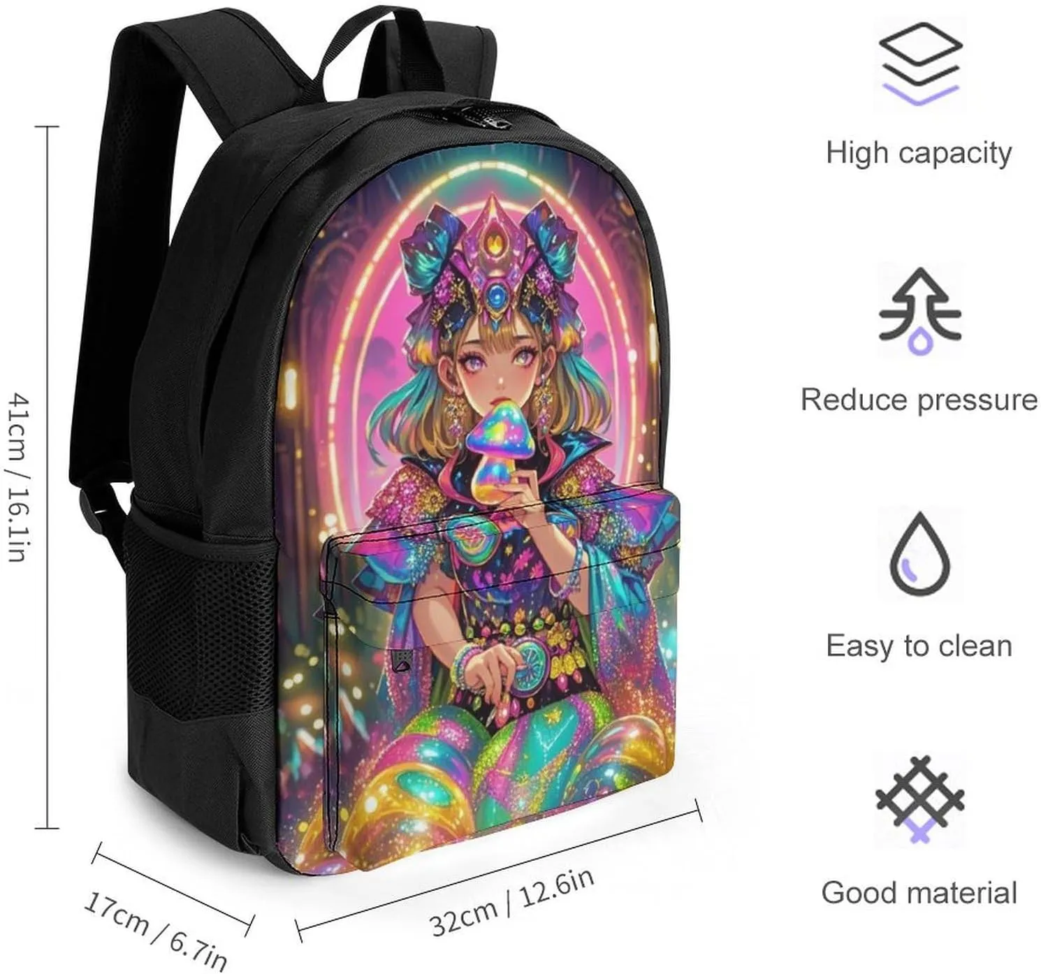 Polyester Daypack Backpack for Trekking Picnic Walking Cycling - Large Capacity Anti-Theft Multipurpose Shoulder Bag, Fantasy Gothic Woman Mushroom Dazzling Art Casual Daypack