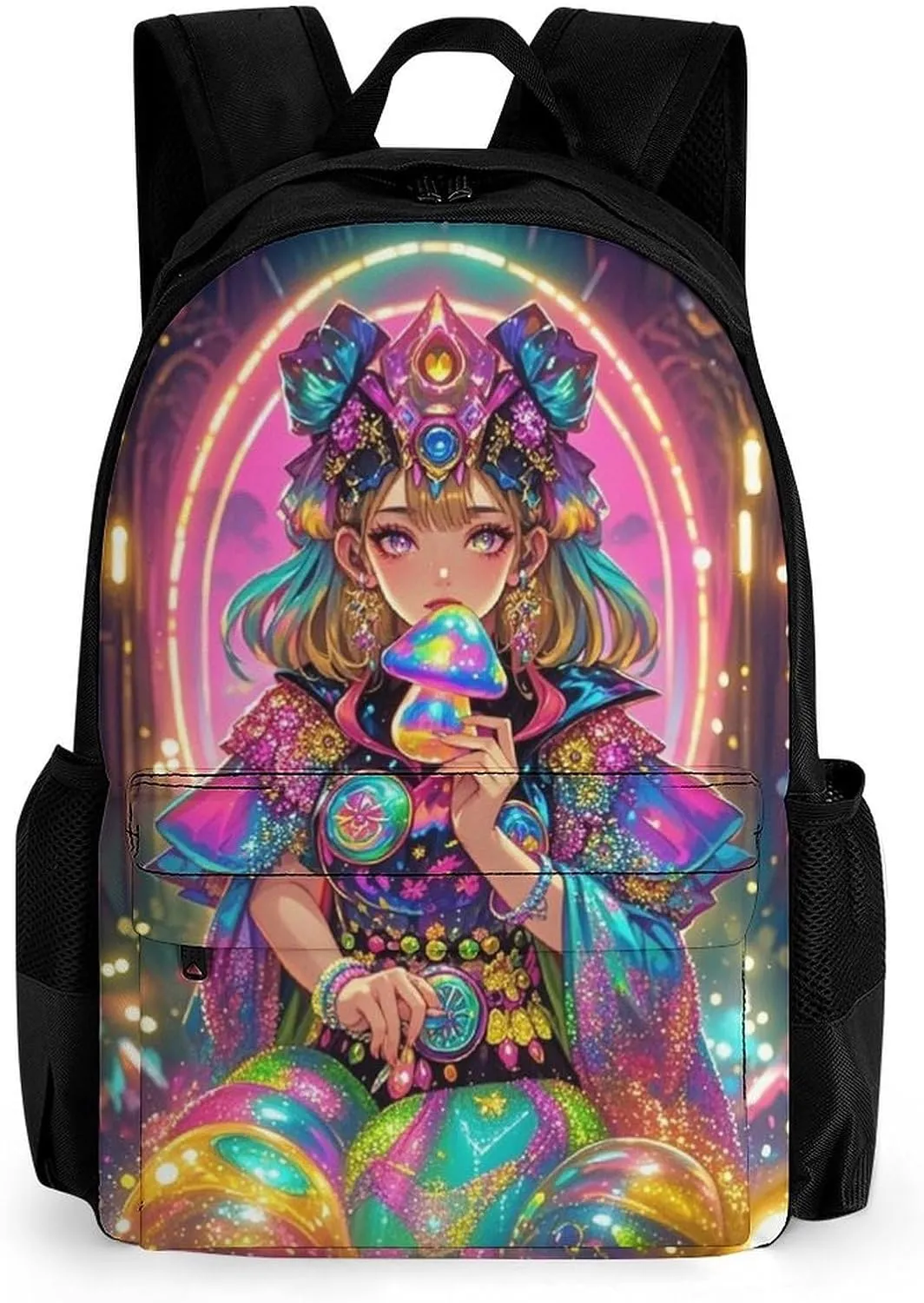 Polyester Daypack Backpack for Trekking Picnic Walking Cycling - Large Capacity Anti-Theft Multipurpose Shoulder Bag, Fantasy Gothic Woman Mushroom Dazzling Art Casual Daypack