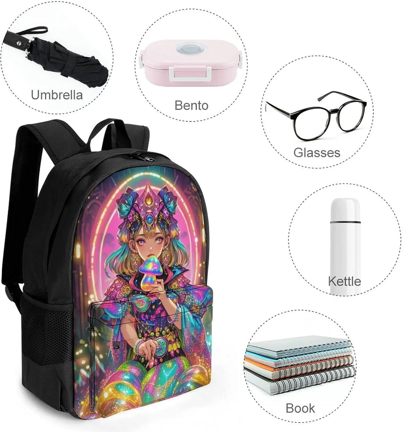Polyester Daypack Backpack for Trekking Picnic Walking Cycling - Large Capacity Anti-Theft Multipurpose Shoulder Bag, Fantasy Gothic Woman Mushroom Dazzling Art Casual Daypack