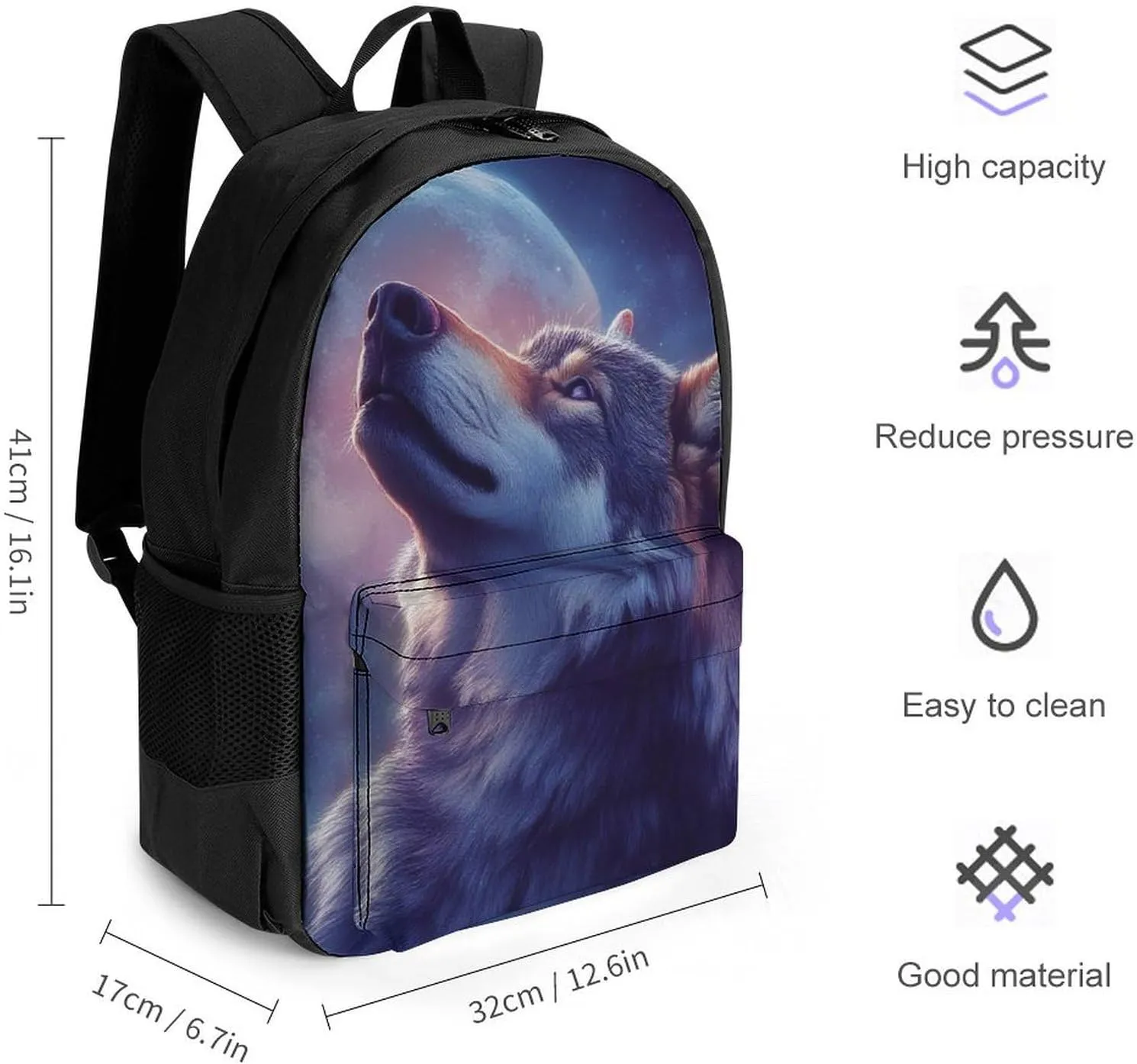 Polyester Daypack Backpack for Trekking Picnic Walking Cycling - Large Capacity Anti-Theft Multipurpose Shoulder Bag, Full Moon Magic Wolf Art Casual Daypack
