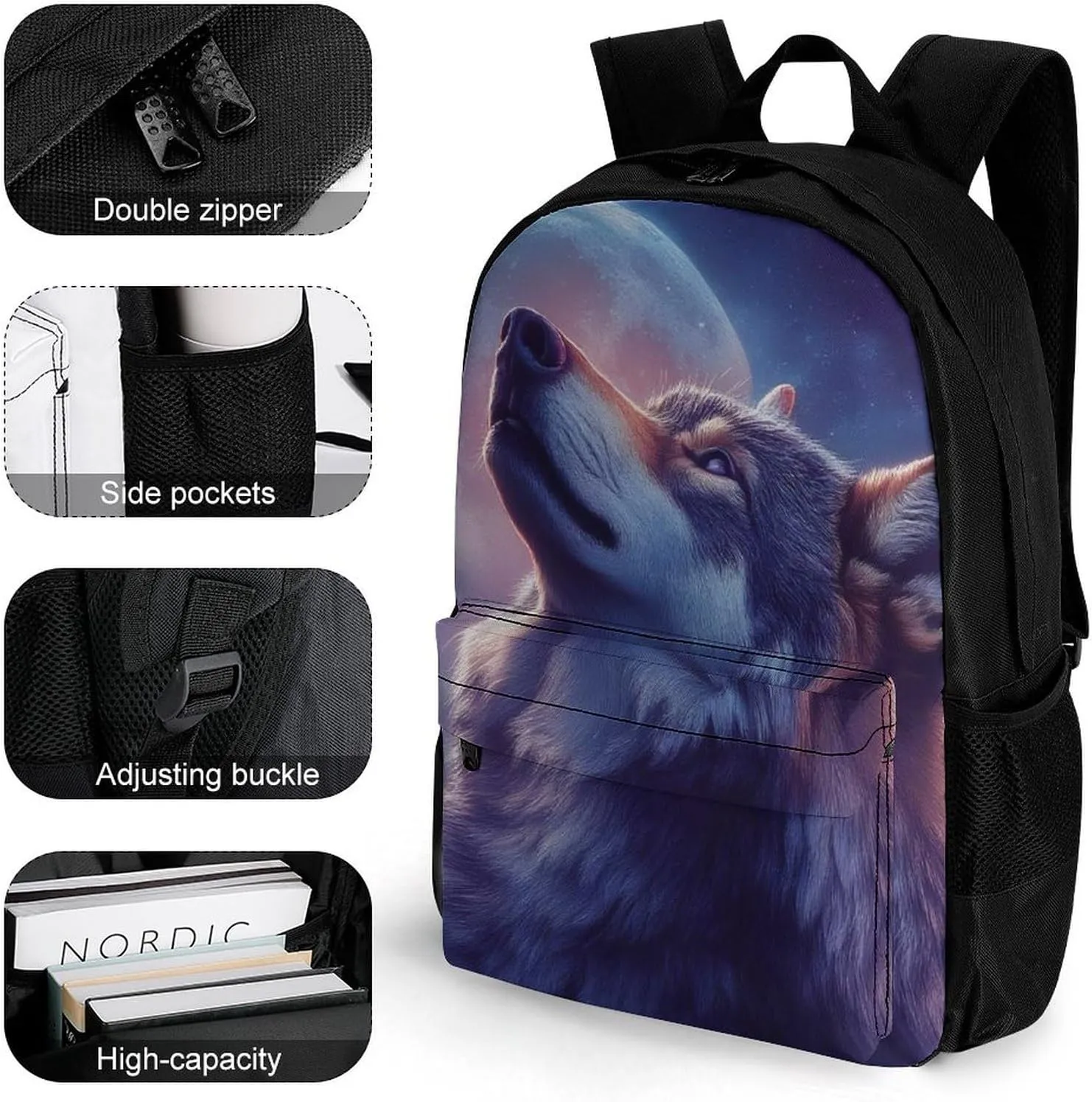 Polyester Daypack Backpack for Trekking Picnic Walking Cycling - Large Capacity Anti-Theft Multipurpose Shoulder Bag, Full Moon Magic Wolf Art Casual Daypack