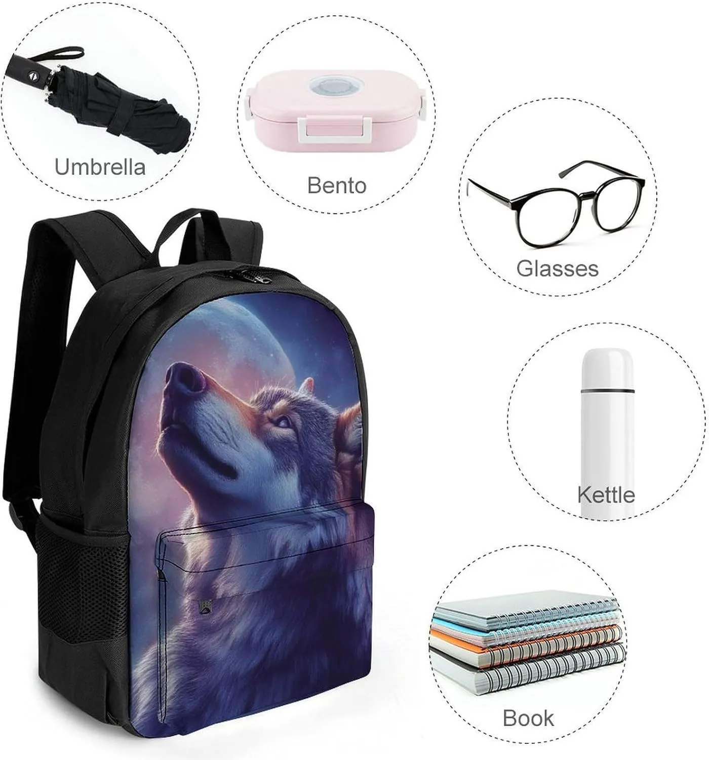 Polyester Daypack Backpack for Trekking Picnic Walking Cycling - Large Capacity Anti-Theft Multipurpose Shoulder Bag, Full Moon Magic Wolf Art Casual Daypack