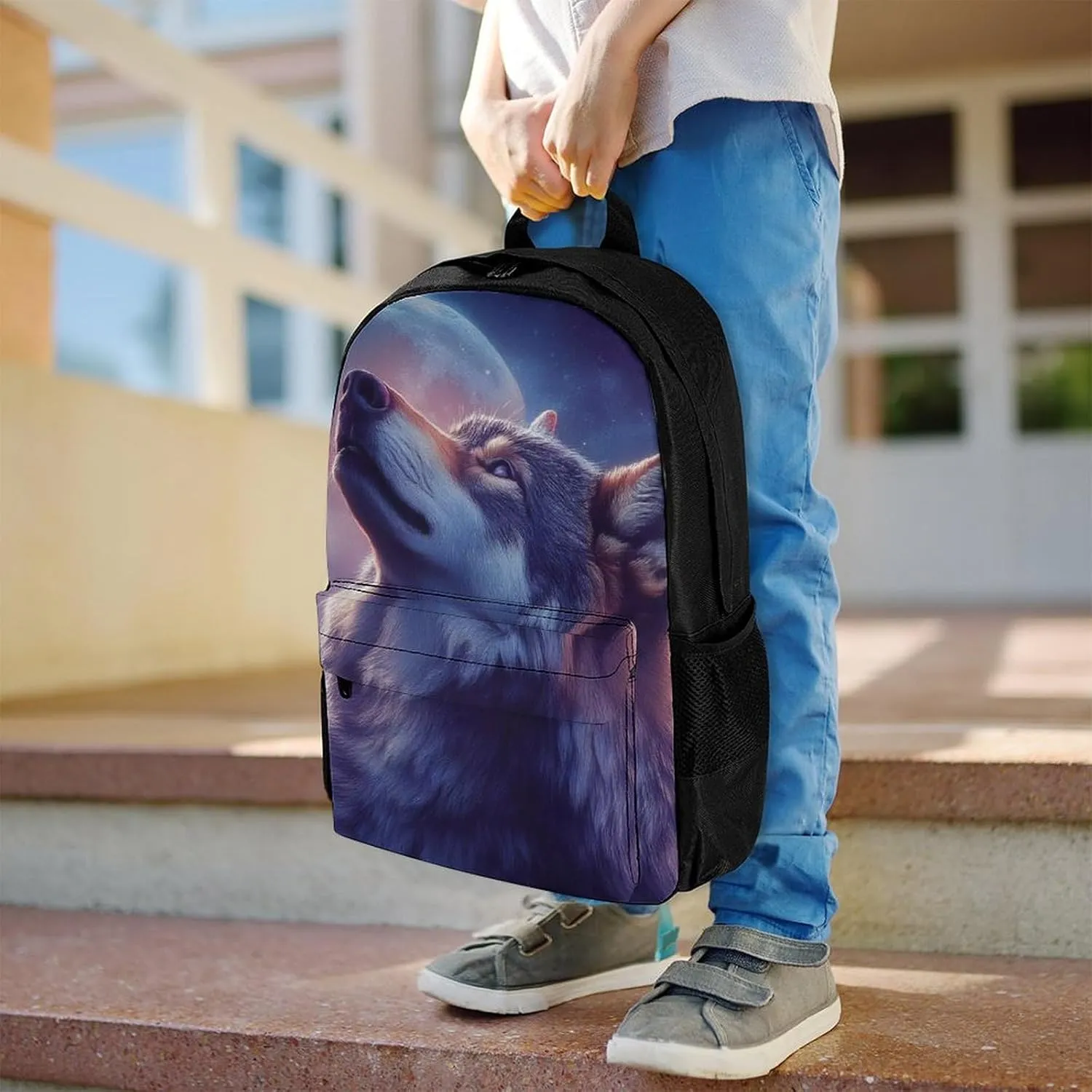 Polyester Daypack Backpack for Trekking Picnic Walking Cycling - Large Capacity Anti-Theft Multipurpose Shoulder Bag, Full Moon Magic Wolf Art Casual Daypack