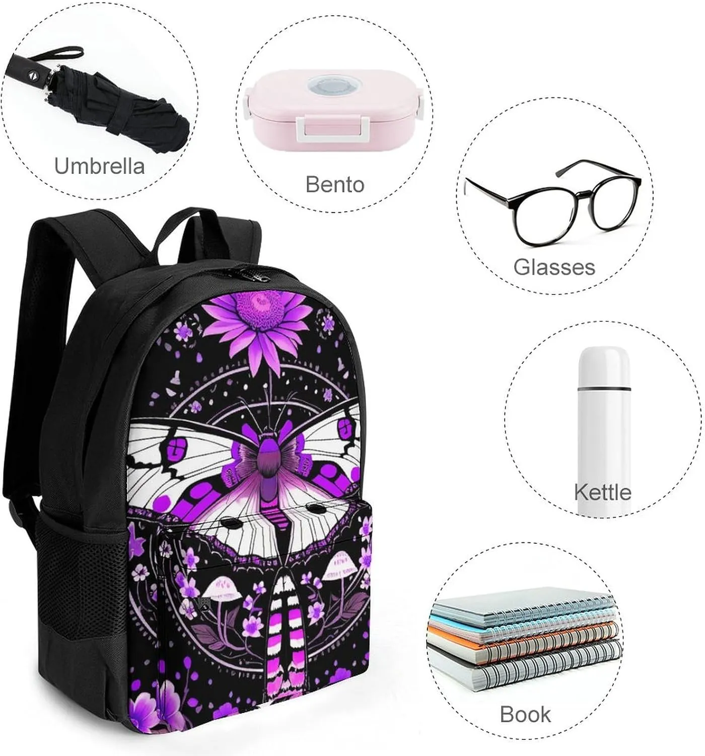 Polyester Daypack Backpack for Trekking Picnic Walking Cycling - Large Capacity Anti-Theft Multipurpose Shoulder Bag, Pink Moth Butterfly Floral Flowers Vintage Art Casual Daypack
