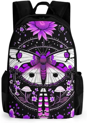 Polyester Daypack Backpack for Trekking Picnic Walking Cycling - Large Capacity Anti-Theft Multipurpose Shoulder Bag, Pink Moth Butterfly Floral Flowers Vintage Art Casual Daypack