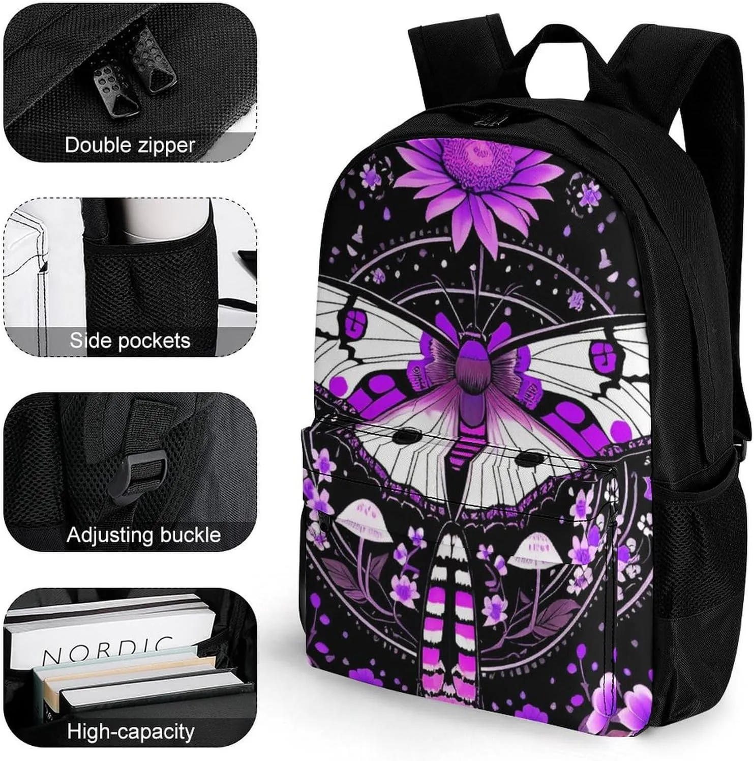 Polyester Daypack Backpack for Trekking Picnic Walking Cycling - Large Capacity Anti-Theft Multipurpose Shoulder Bag, Pink Moth Butterfly Floral Flowers Vintage Art Casual Daypack
