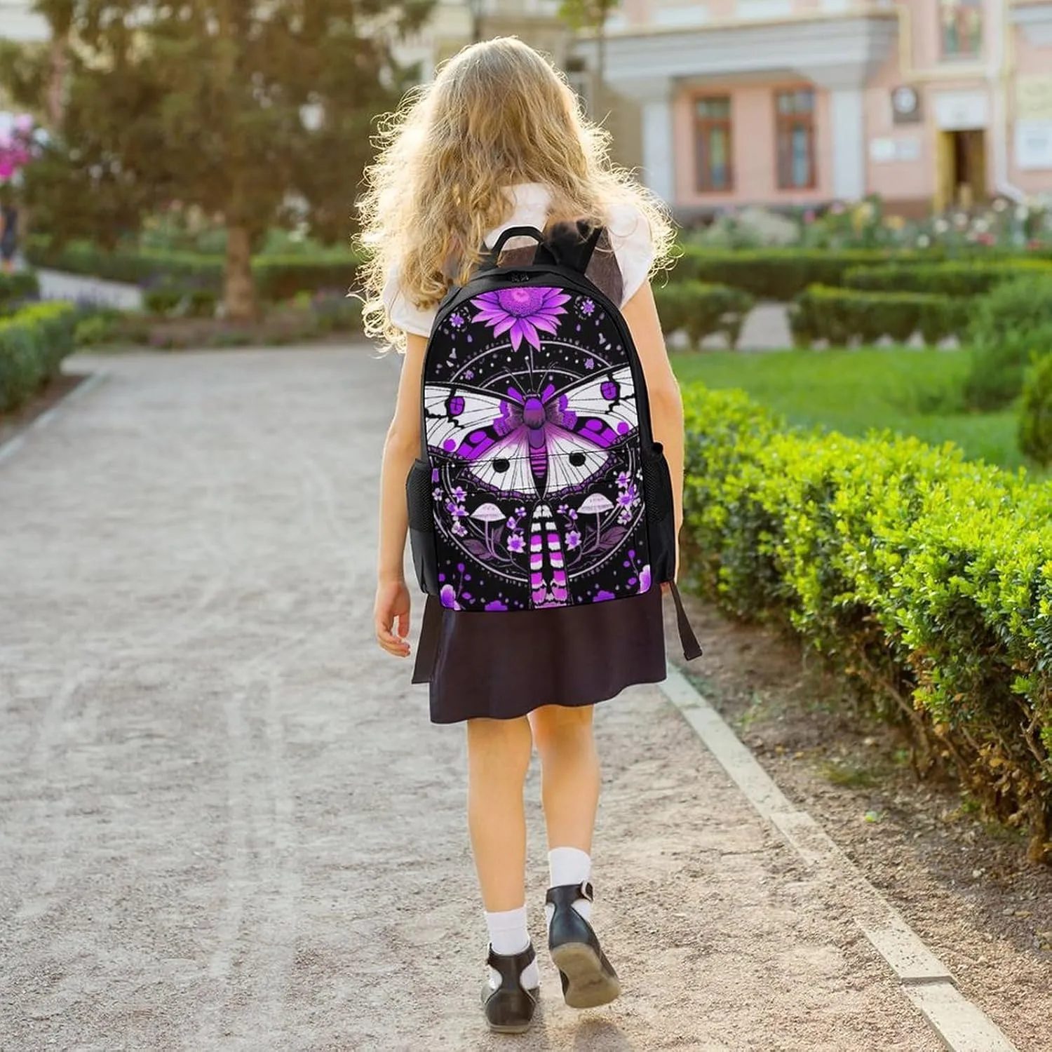 Polyester Daypack Backpack for Trekking Picnic Walking Cycling - Large Capacity Anti-Theft Multipurpose Shoulder Bag, Pink Moth Butterfly Floral Flowers Vintage Art Casual Daypack